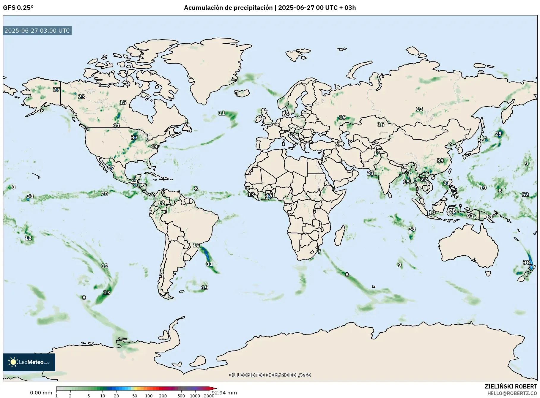 GFS model - Mundo, Acumulación de precipitación GFS model - Mundo, Acumulación de precipitación