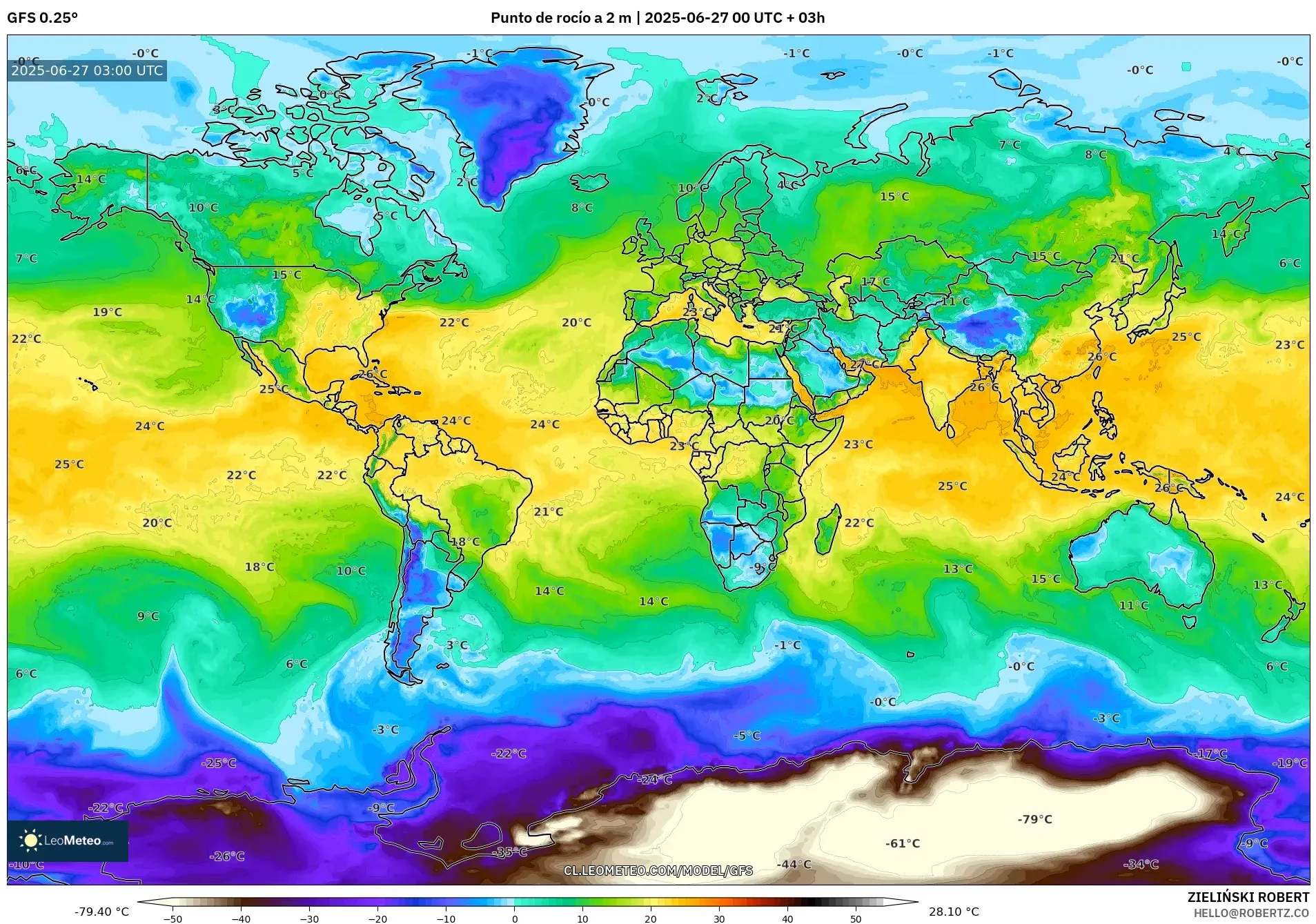 GFS model - Mundo, Punto de rocío a 2 m GFS model - Mundo, Punto de rocío a 2 m