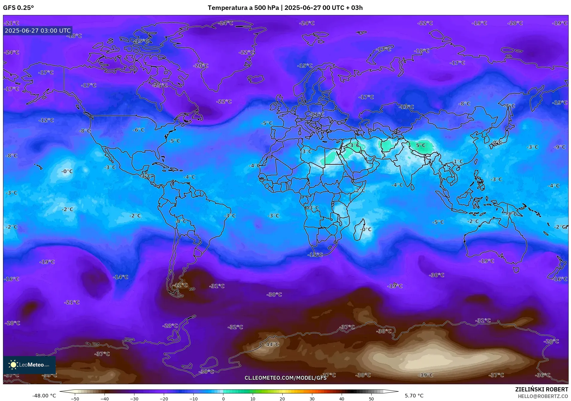 GFS model - Mundo, Temperatura a 500 hPa GFS model - Mundo, Temperatura a 500 hPa