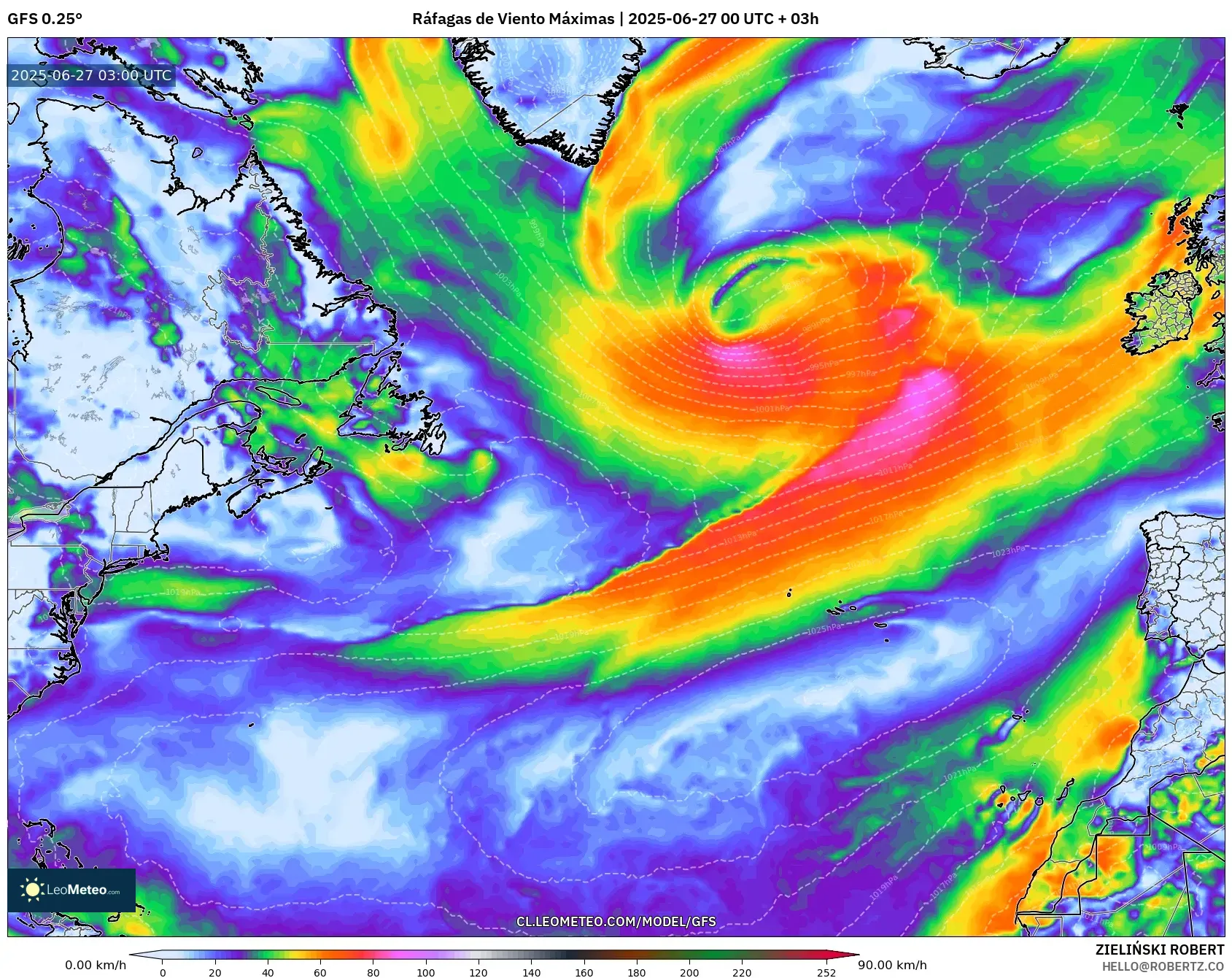 GFS model - Norte Atlántico, Ráfagas de Viento Máximas GFS model - Norte Atlántico, Ráfagas de Viento Máximas