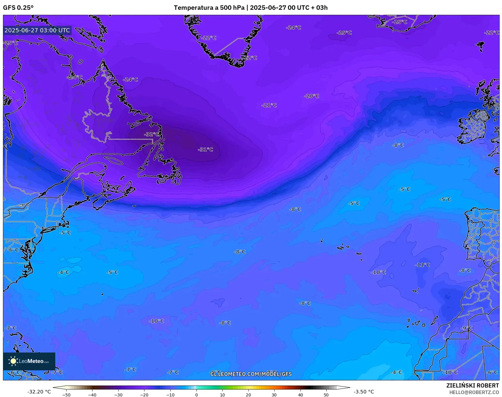 GFS model - Norte Atlántico, Temperatura a 500 hPa GFS model - Norte Atlántico, Temperatura a 500 hPa