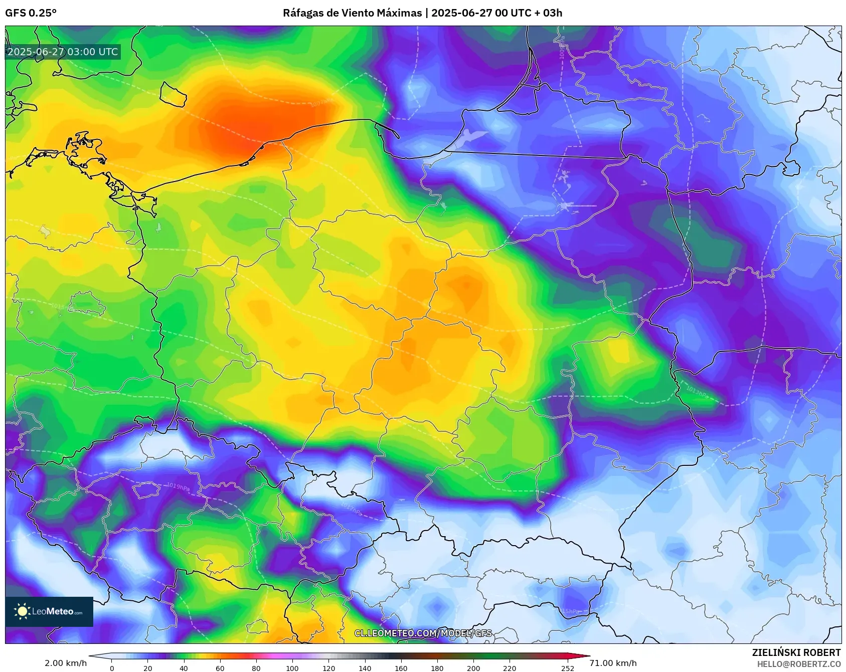 GFS model - Polonia, Ráfagas de Viento Máximas GFS model - Polonia, Ráfagas de Viento Máximas
