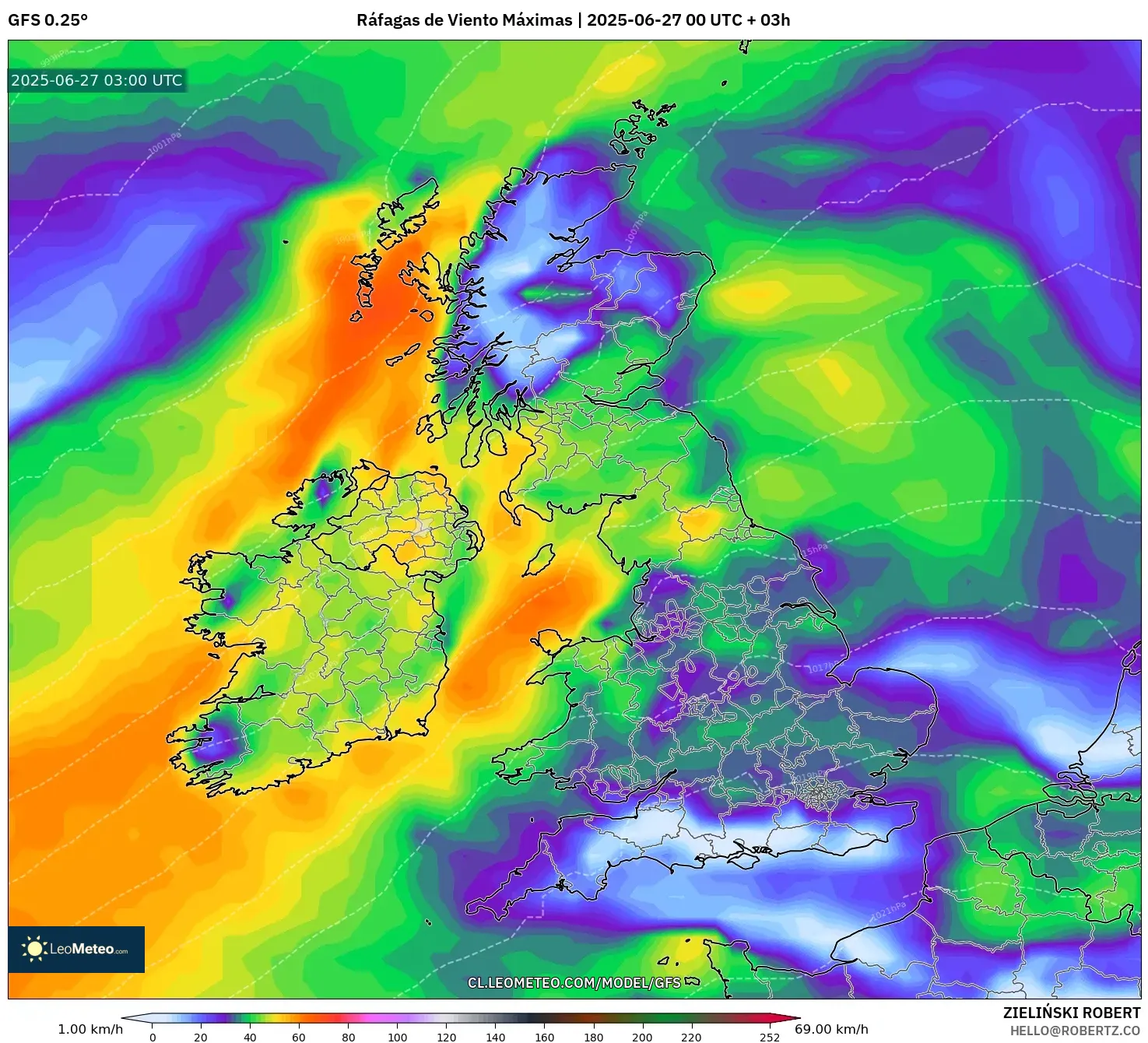 GFS model - Reino Unido, Ráfagas de Viento Máximas GFS model - Reino Unido, Ráfagas de Viento Máximas