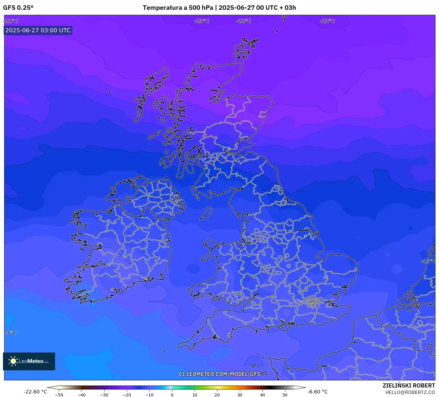 GFS model - Reino Unido, Temperatura a 500 hPa GFS model - Reino Unido, Temperatura a 500 hPa
