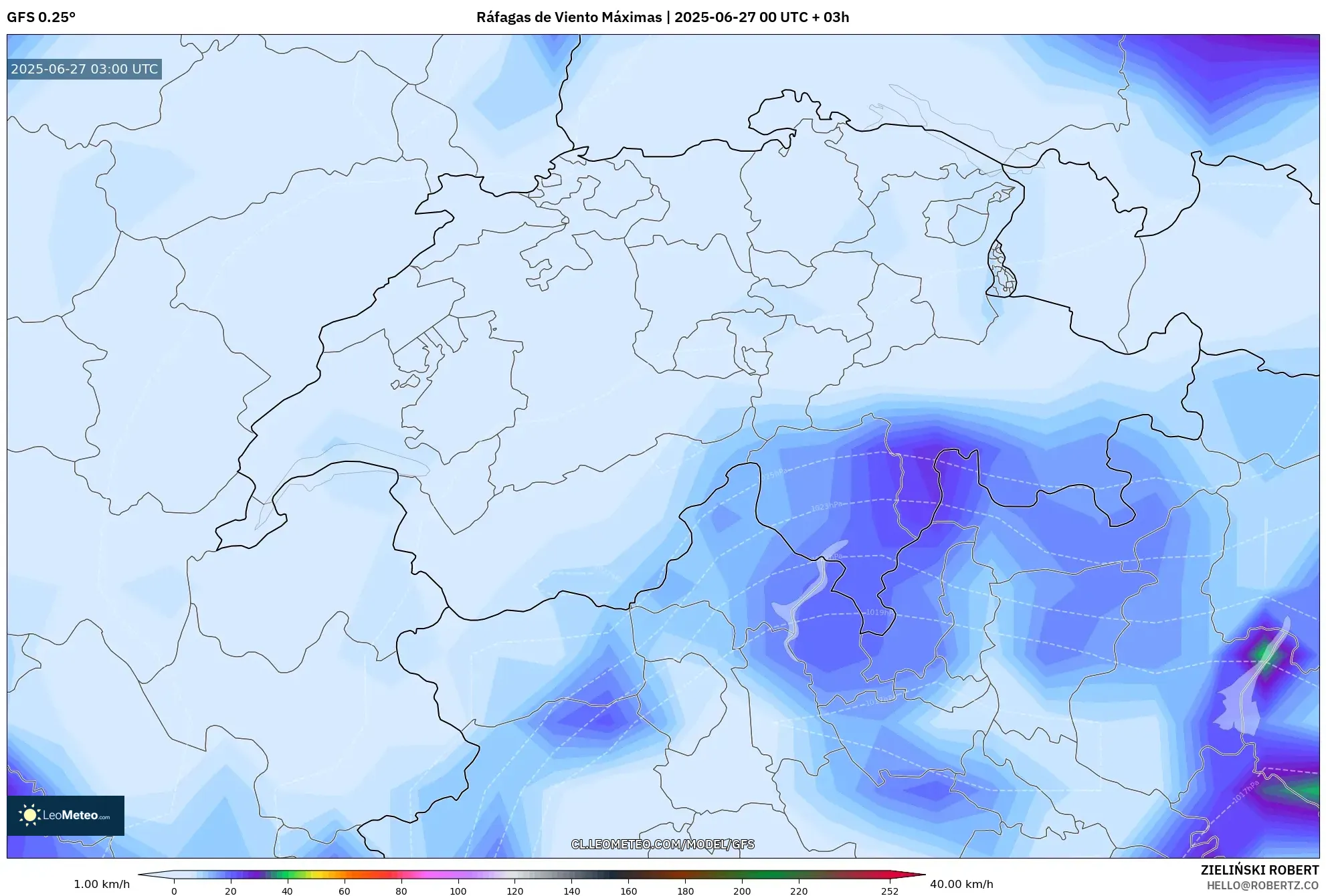 GFS model - Suiza, Ráfagas de Viento Máximas GFS model - Suiza, Ráfagas de Viento Máximas