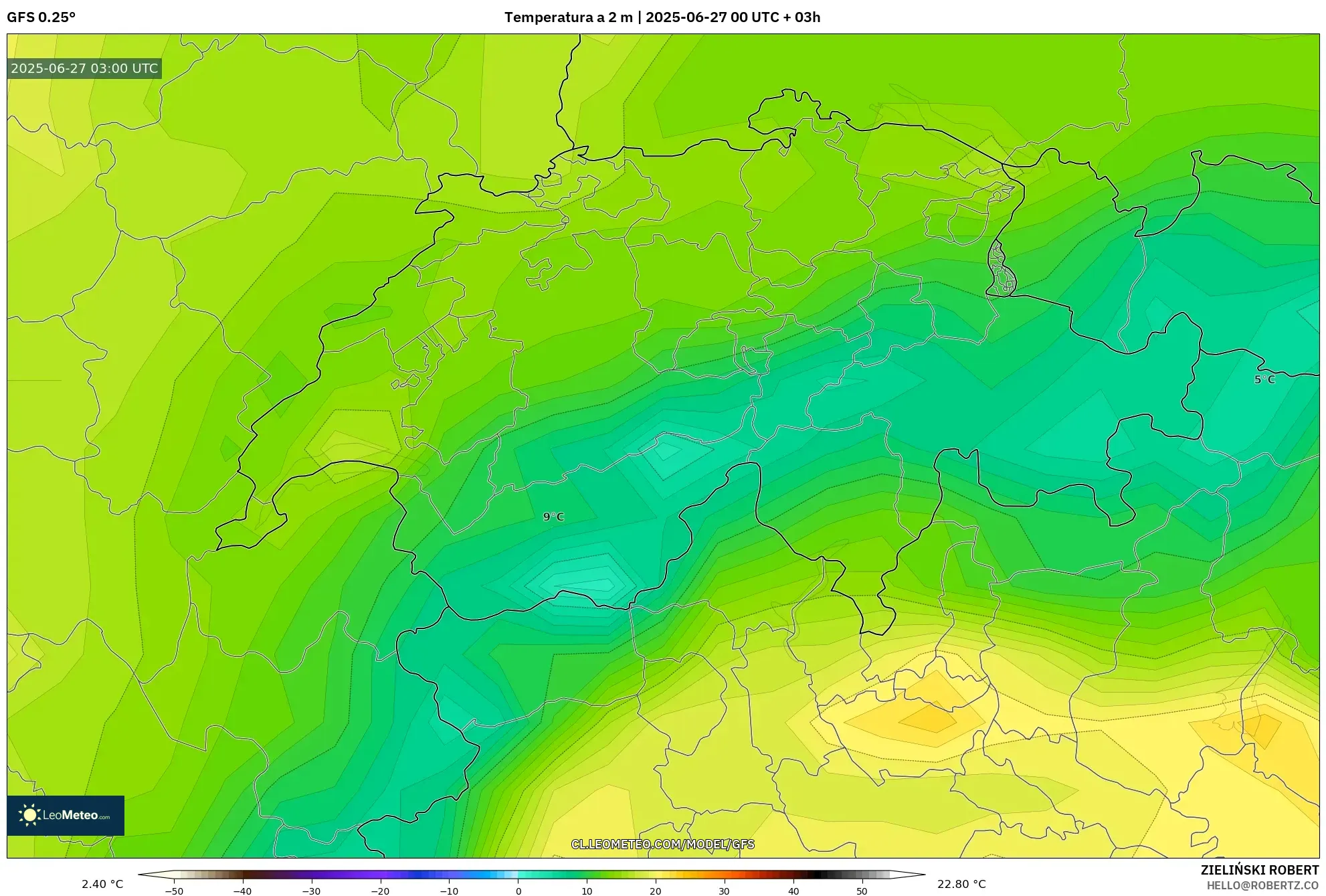 GFS model - Suiza, Temperatura a 2 m GFS model - Suiza, Temperatura a 2 m