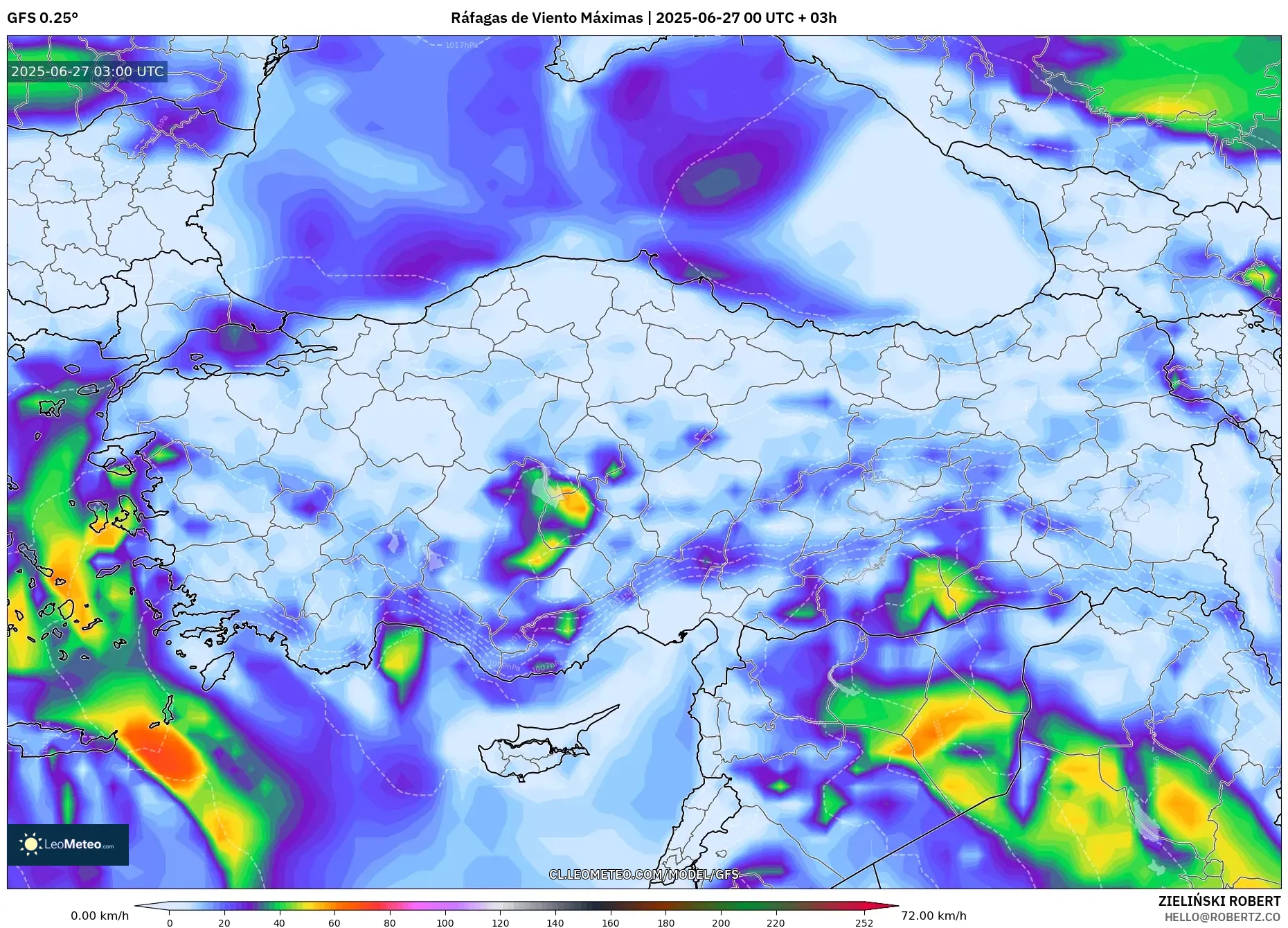GFS model - Turquía, Ráfagas de Viento Máximas GFS model - Turquía, Ráfagas de Viento Máximas