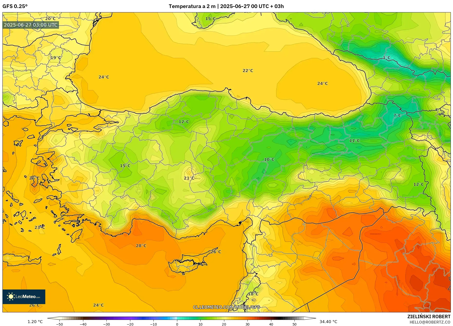 GFS model - Turquía, Temperatura a 2 m GFS model - Turquía, Temperatura a 2 m