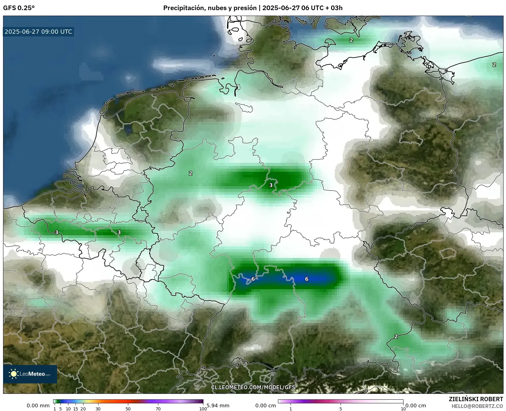 GFS model - Alemania, Precipitación, nubes y presión GFS model - Alemania, Precipitación, nubes y presión