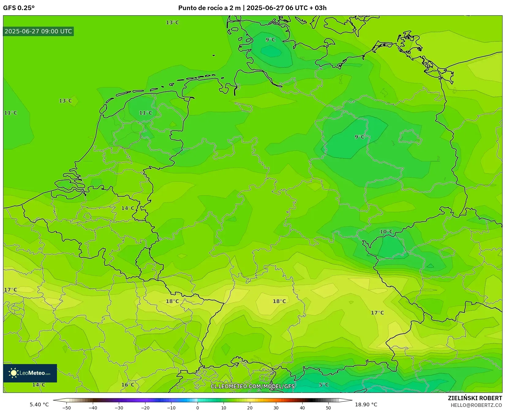 GFS model - Alemania, Punto de rocío a 2 m GFS model - Alemania, Punto de rocío a 2 m