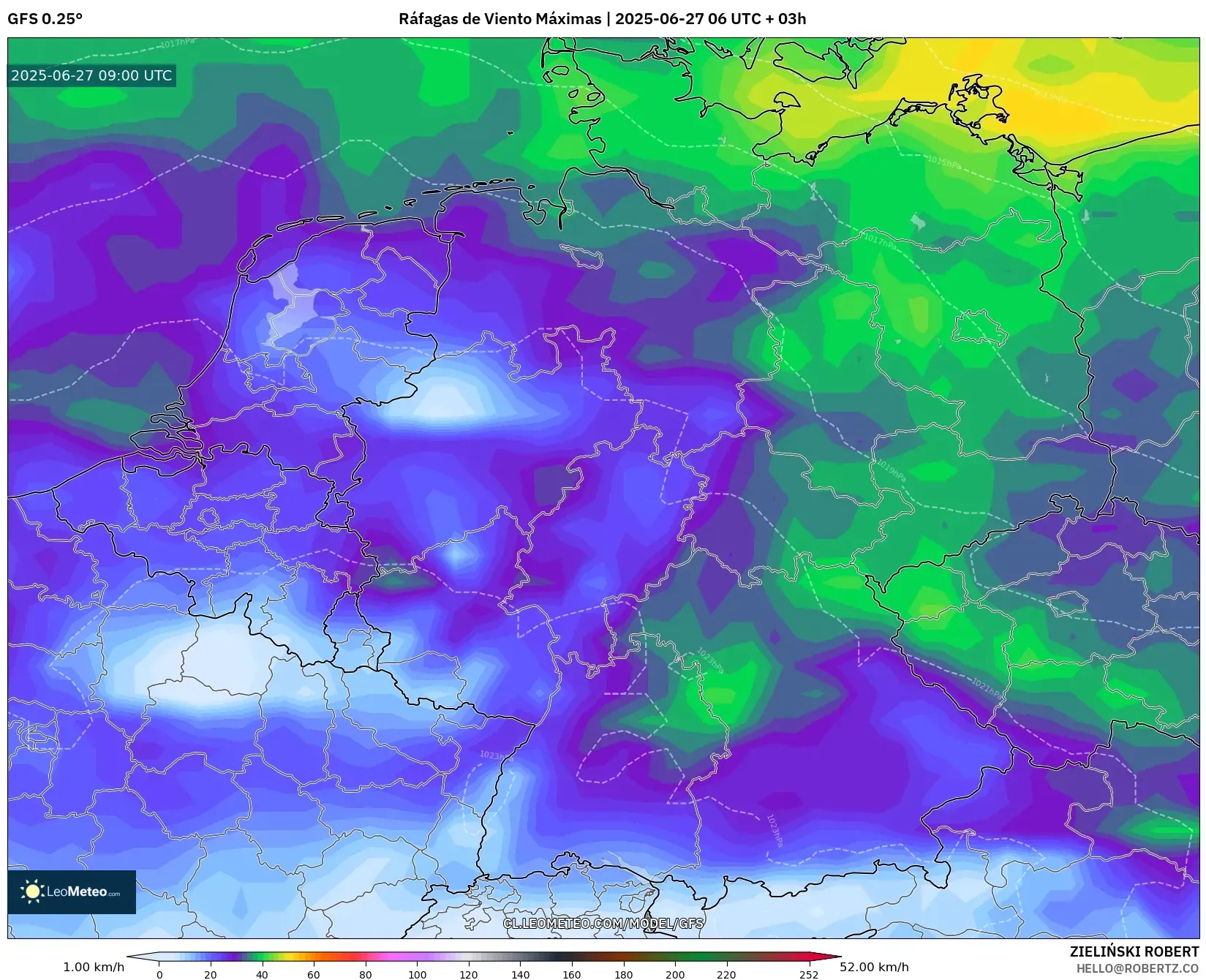 GFS model - Alemania, Ráfagas de Viento Máximas GFS model - Alemania, Ráfagas de Viento Máximas
