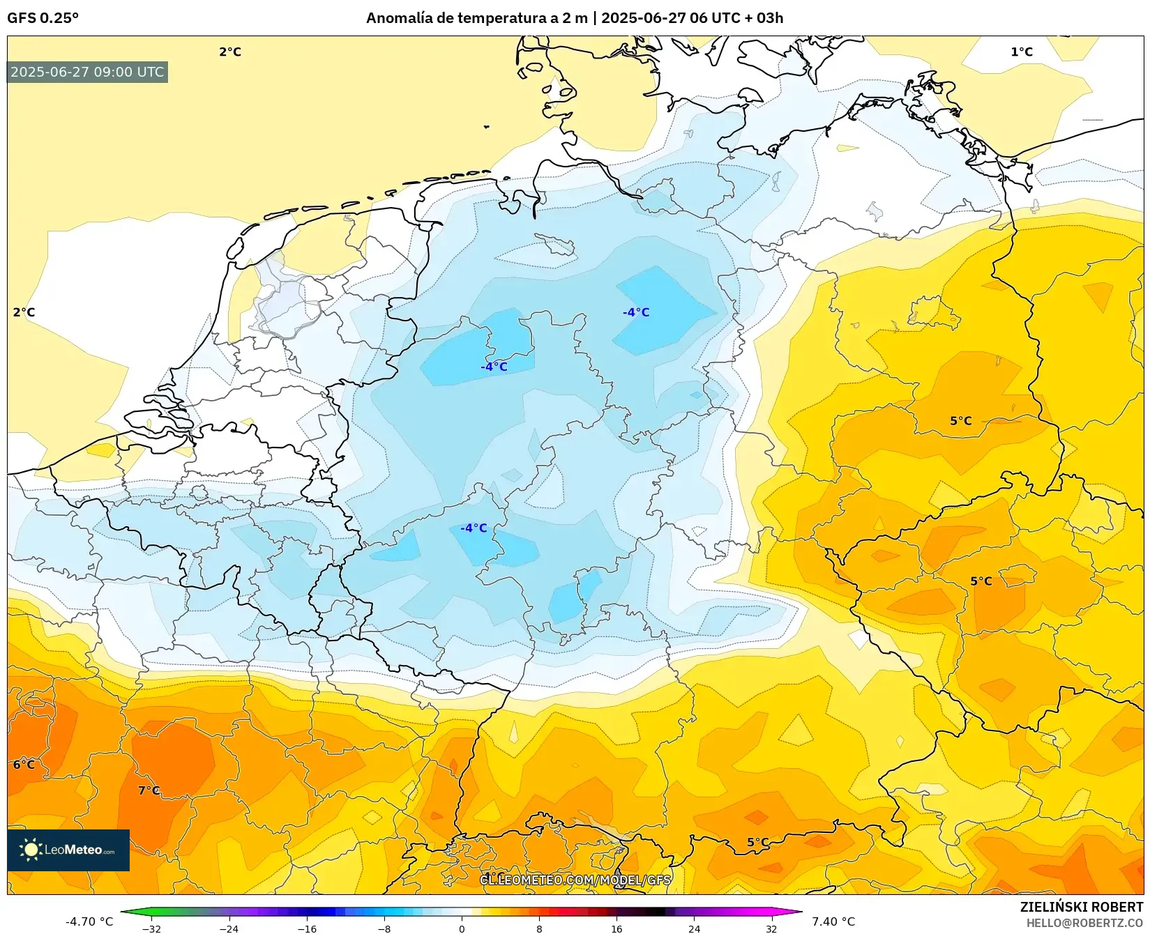 GFS model - Alemania, Anomalía de temperatura a 2 m GFS model - Alemania, Anomalía de temperatura a 2 m