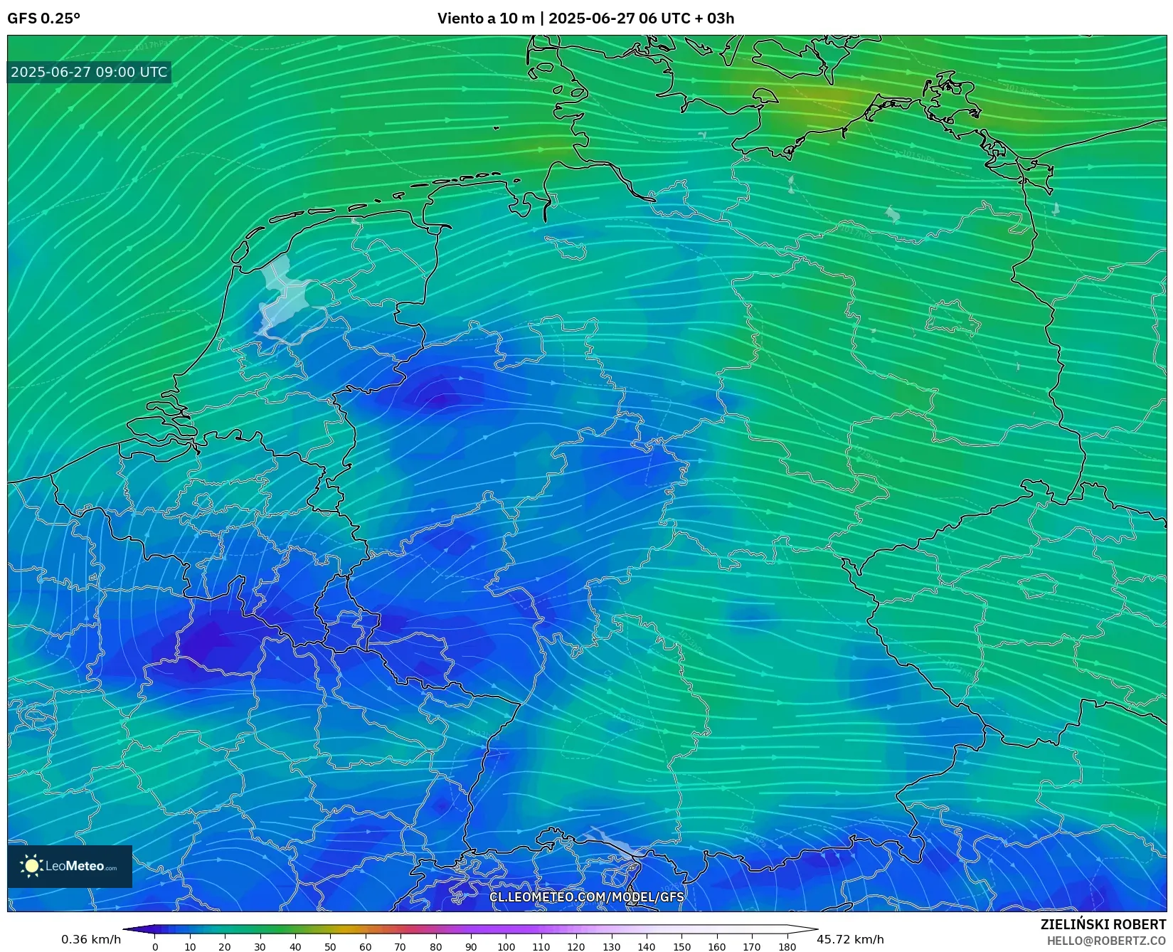 GFS model - Alemania, Viento a 10 m GFS model - Alemania, Viento a 10 m