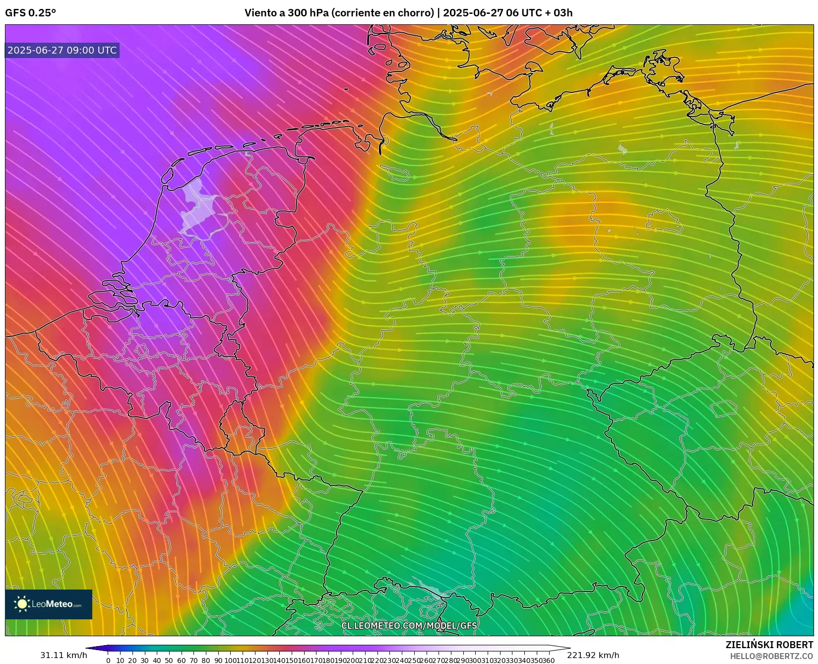 GFS model - Alemania, Viento a 300 hPa (corriente en chorro) GFS model - Alemania, Viento a 300 hPa (corriente en chorro)