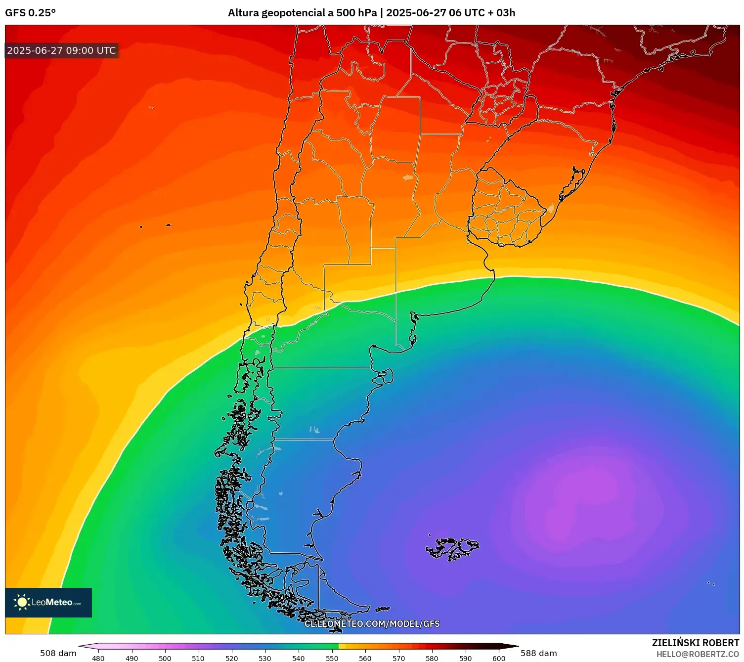 GFS model - Argentina, Altura geopotencial a 500 hPa GFS model - Argentina, Altura geopotencial a 500 hPa