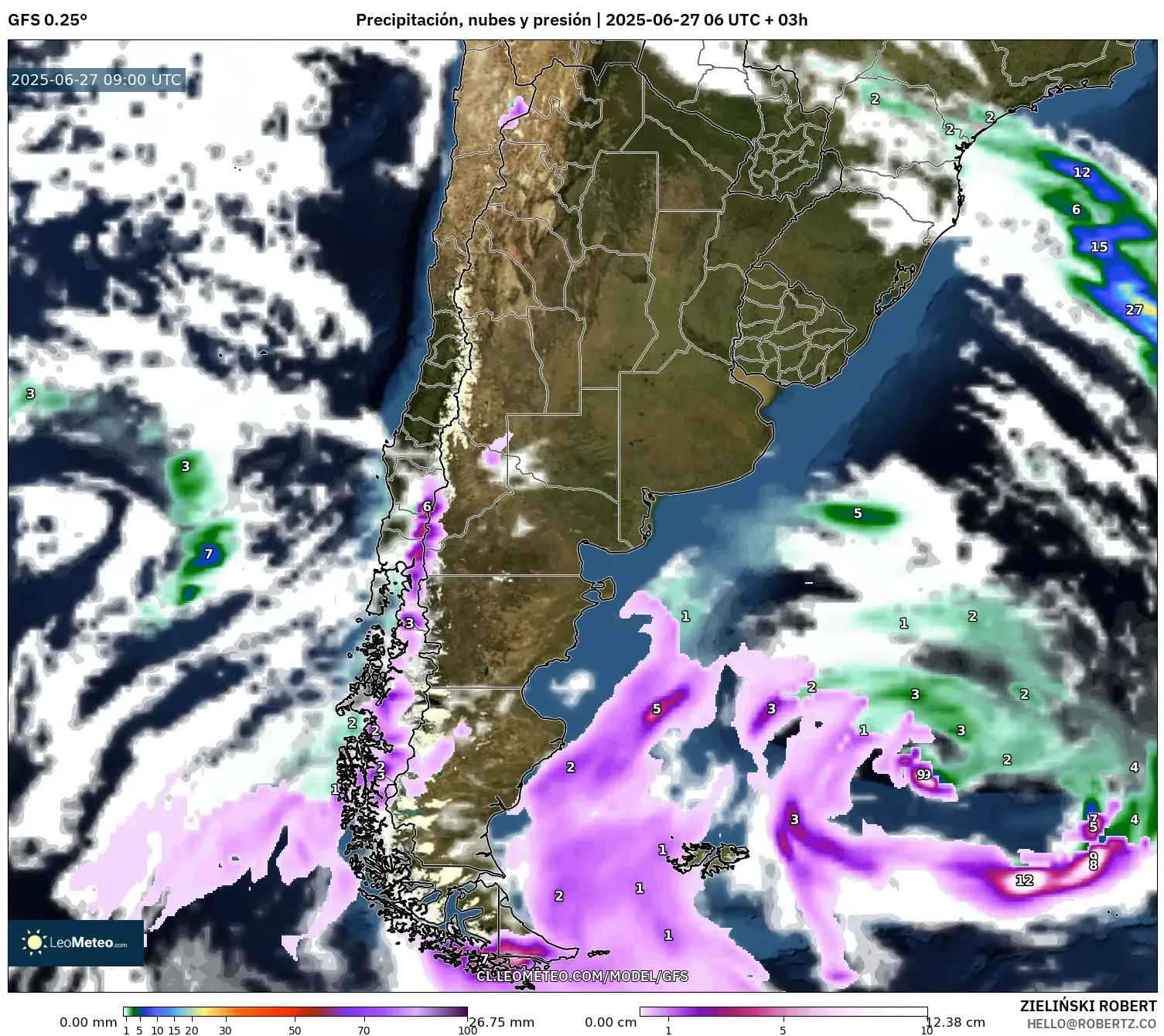 GFS model - Argentina, Precipitación, nubes y presión GFS model - Argentina, Precipitación, nubes y presión