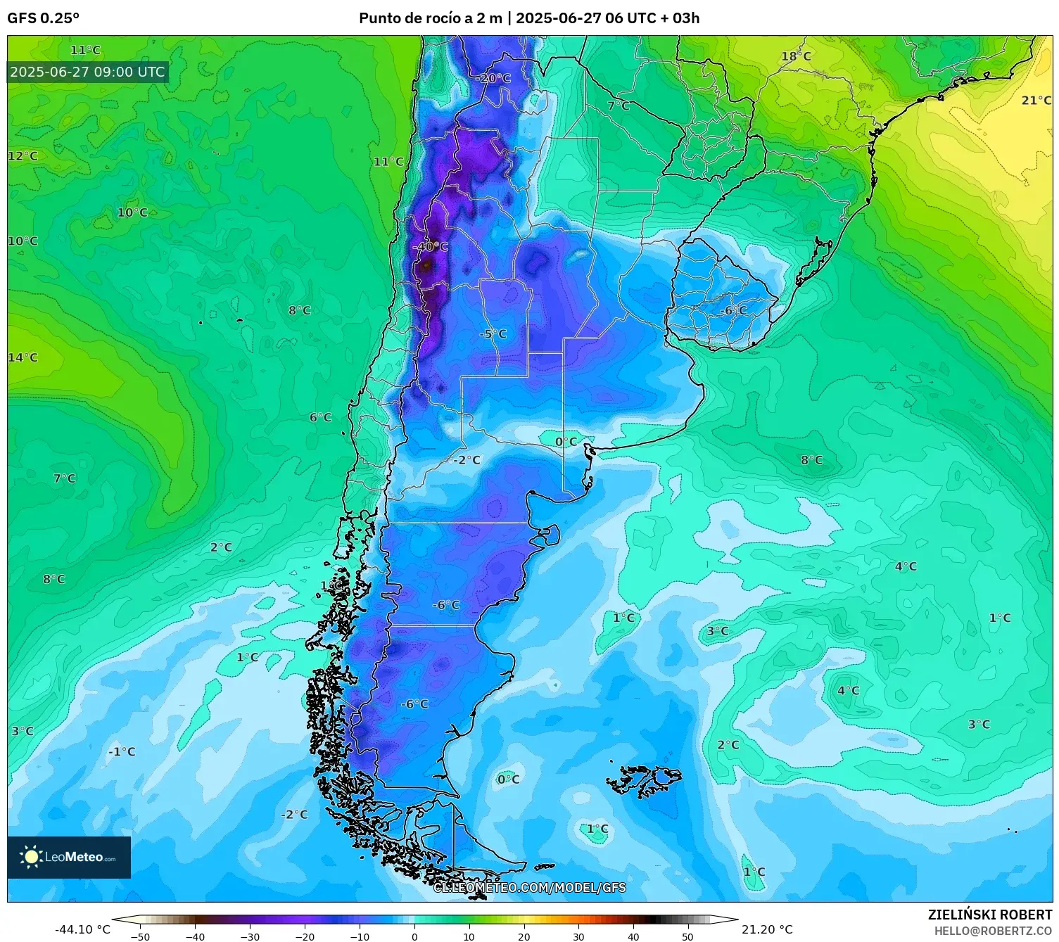 GFS model - Argentina, Punto de rocío a 2 m GFS model - Argentina, Punto de rocío a 2 m