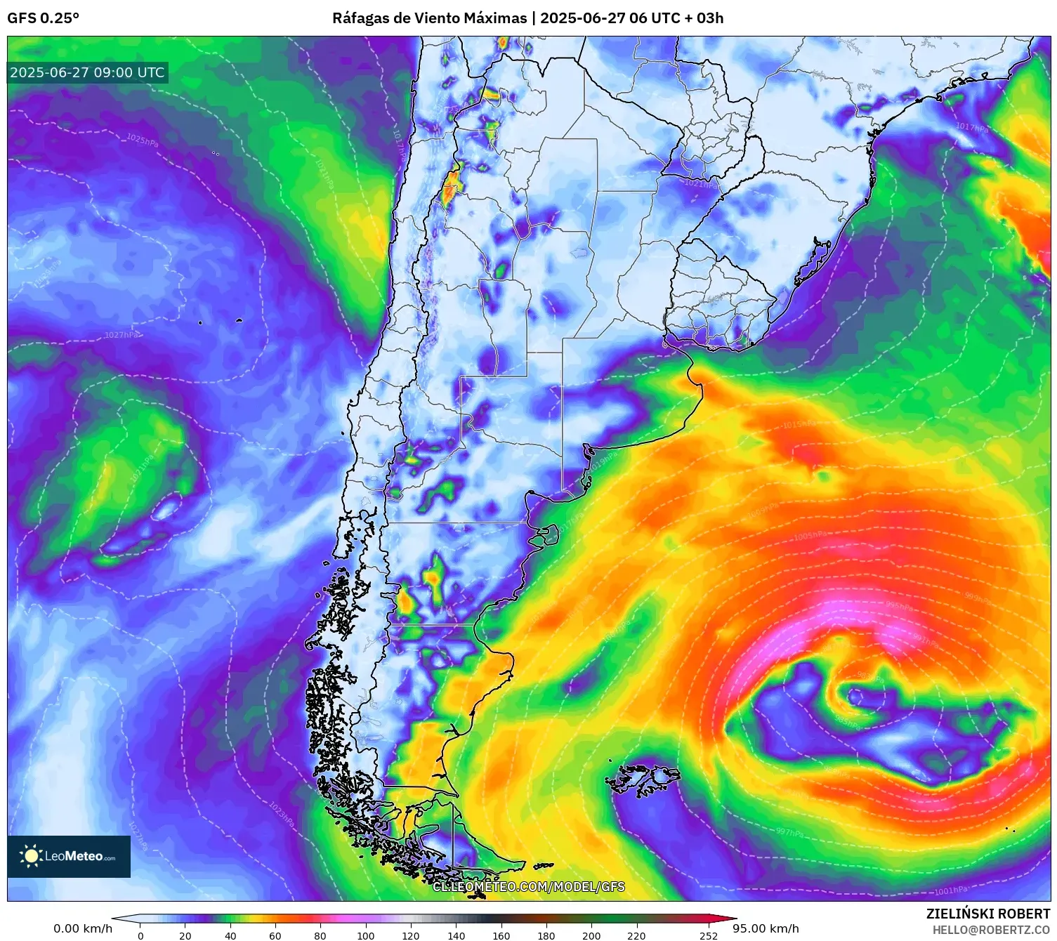 GFS model - Argentina, Ráfagas de Viento Máximas GFS model - Argentina, Ráfagas de Viento Máximas