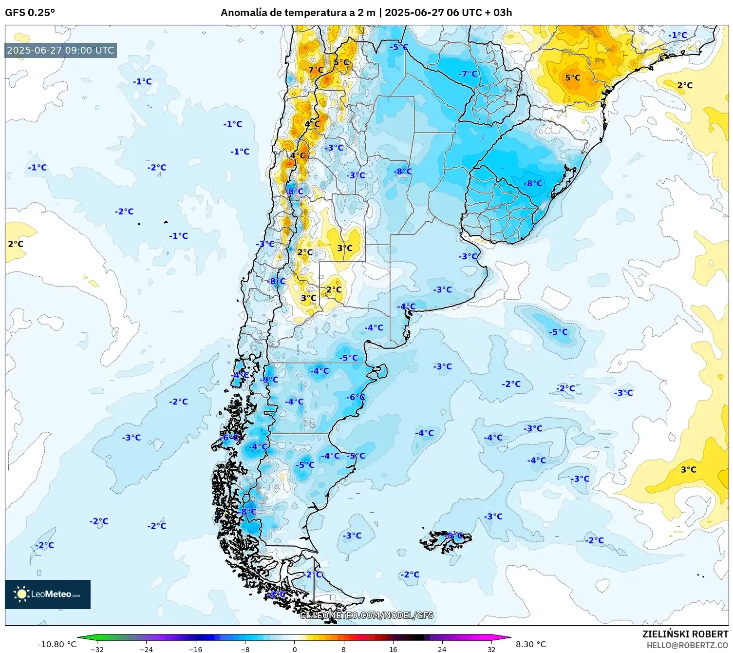 GFS model - Argentina, Anomalía de temperatura a 2 m GFS model - Argentina, Anomalía de temperatura a 2 m
