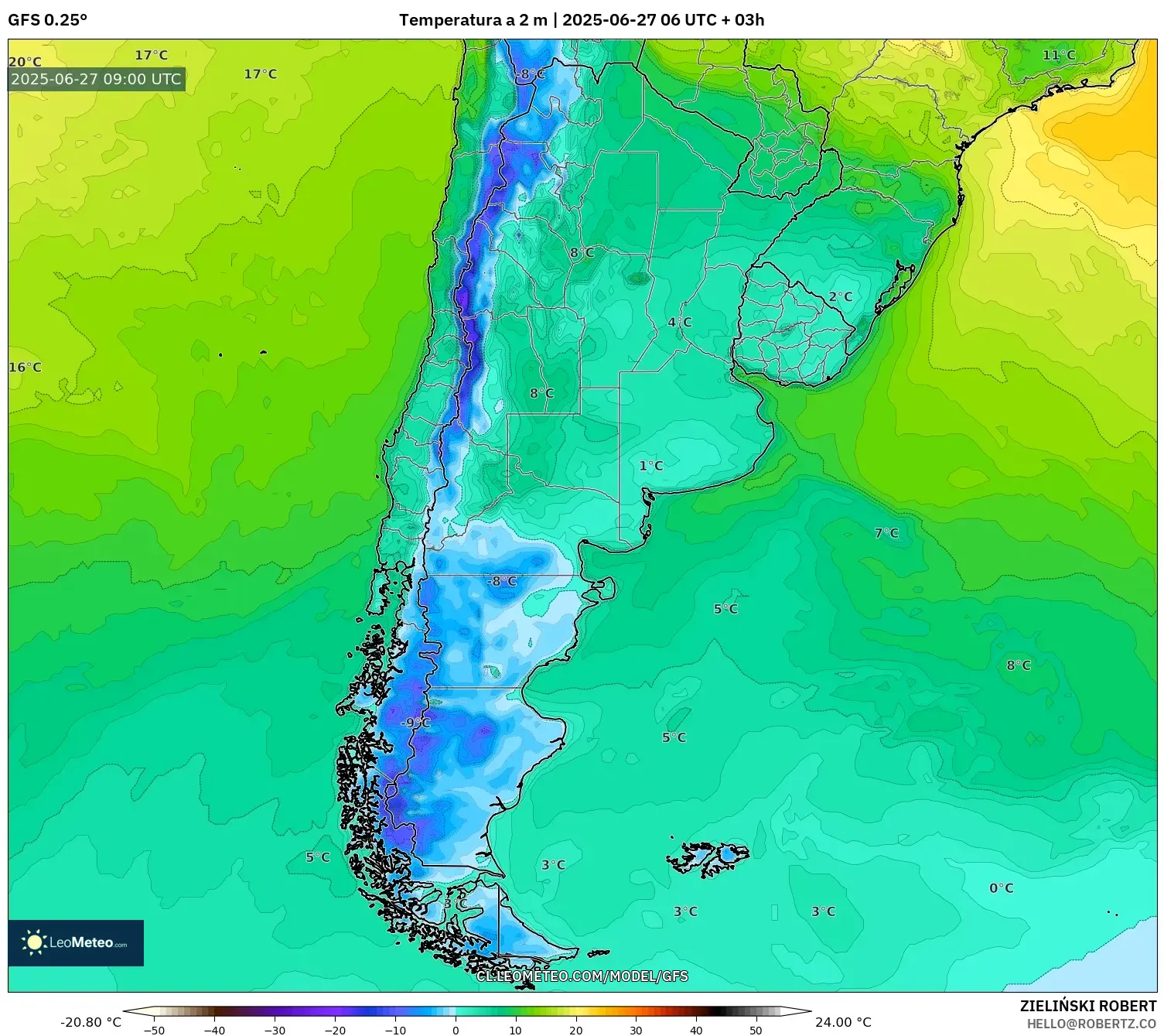 GFS model - Argentina, Temperatura a 2 m GFS model - Argentina, Temperatura a 2 m