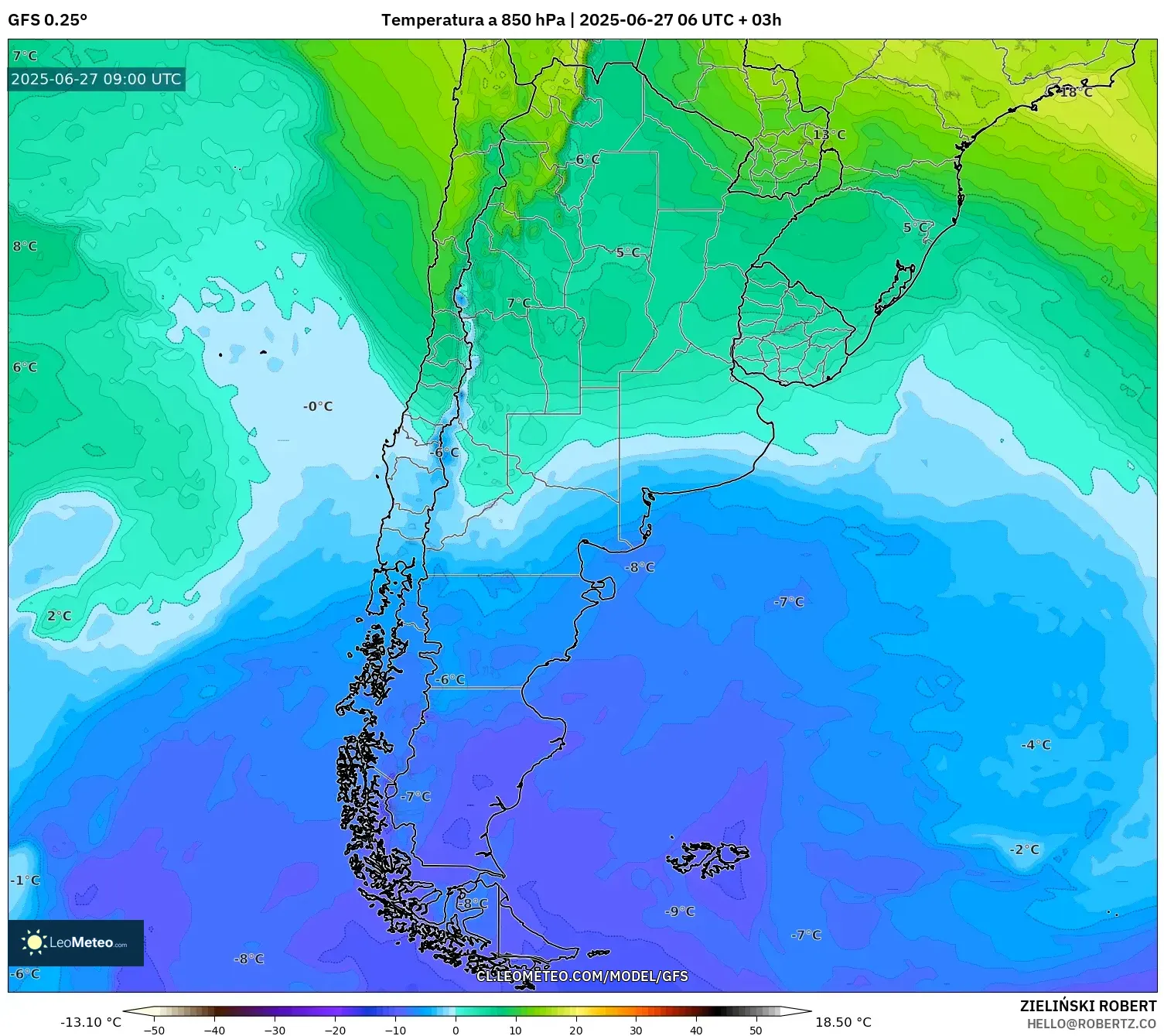GFS model - Argentina, Temperatura a 850 hPa GFS model - Argentina, Temperatura a 850 hPa