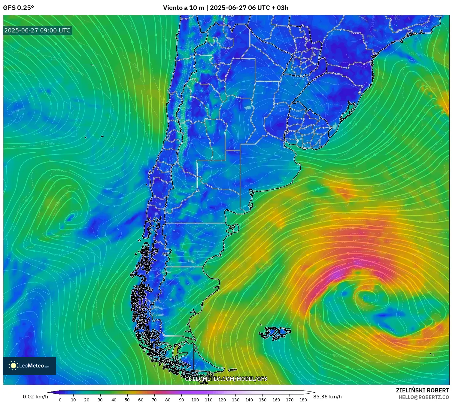 GFS model - Argentina, Viento a 10 m GFS model - Argentina, Viento a 10 m