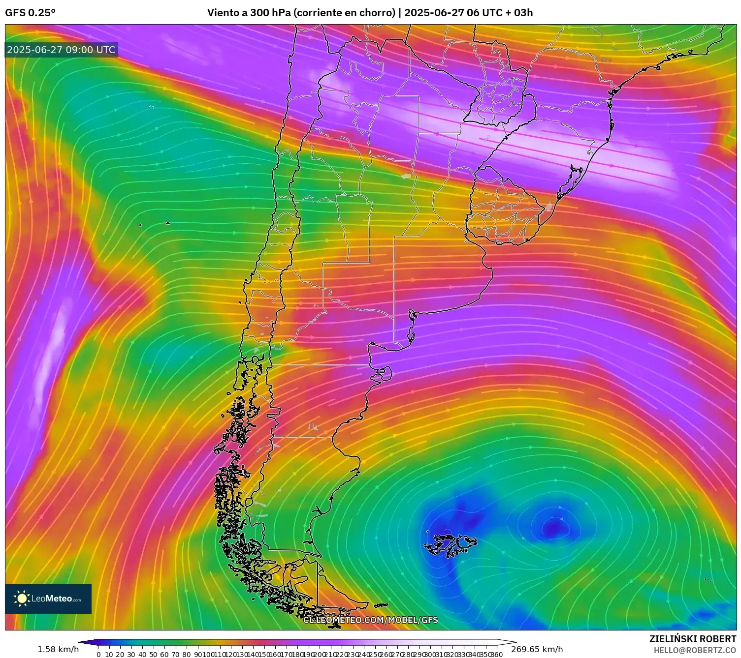 GFS model - Argentina, Viento a 300 hPa (corriente en chorro) GFS model - Argentina, Viento a 300 hPa (corriente en chorro)