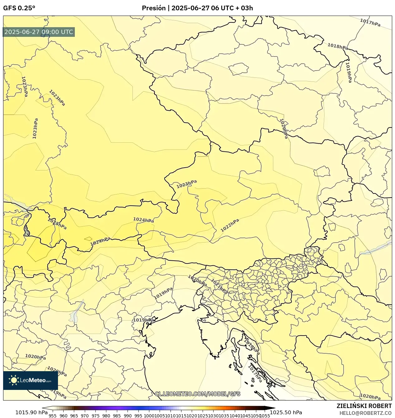 GFS model - Austria, Presión GFS model - Austria, Presión