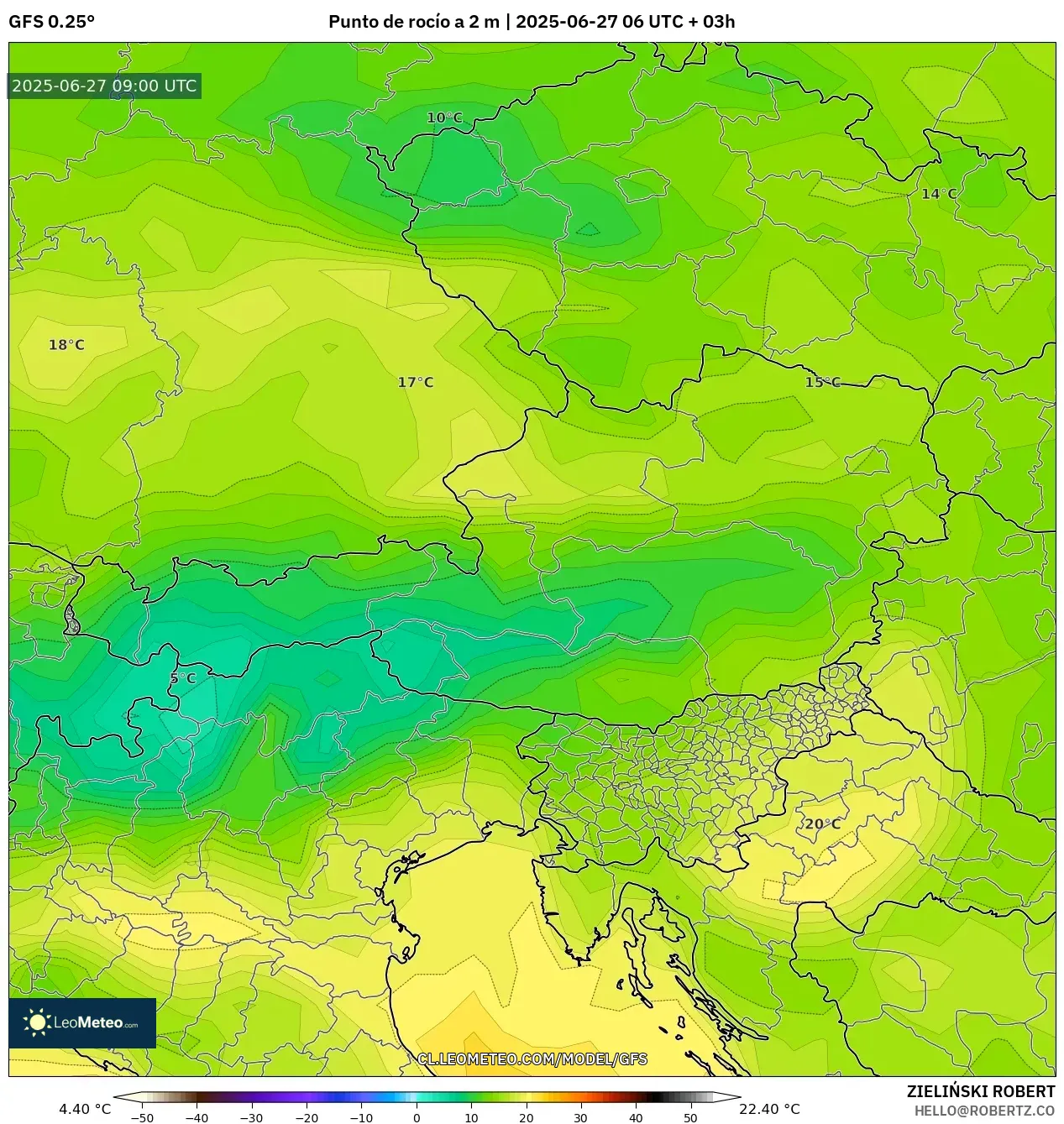 GFS model - Austria, Punto de rocío a 2 m GFS model - Austria, Punto de rocío a 2 m
