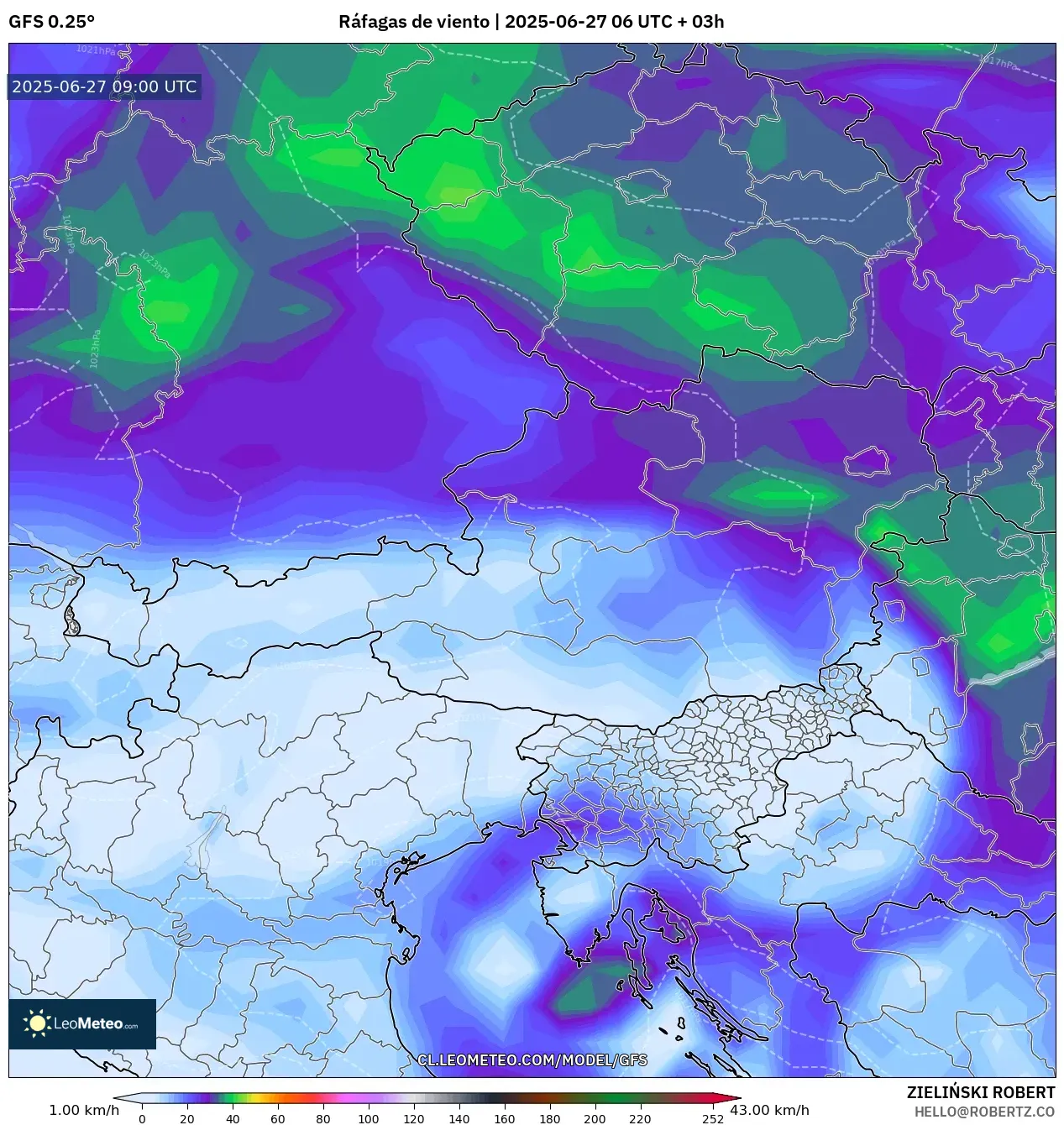 GFS model - Austria, Ráfagas de viento GFS model - Austria, Ráfagas de viento