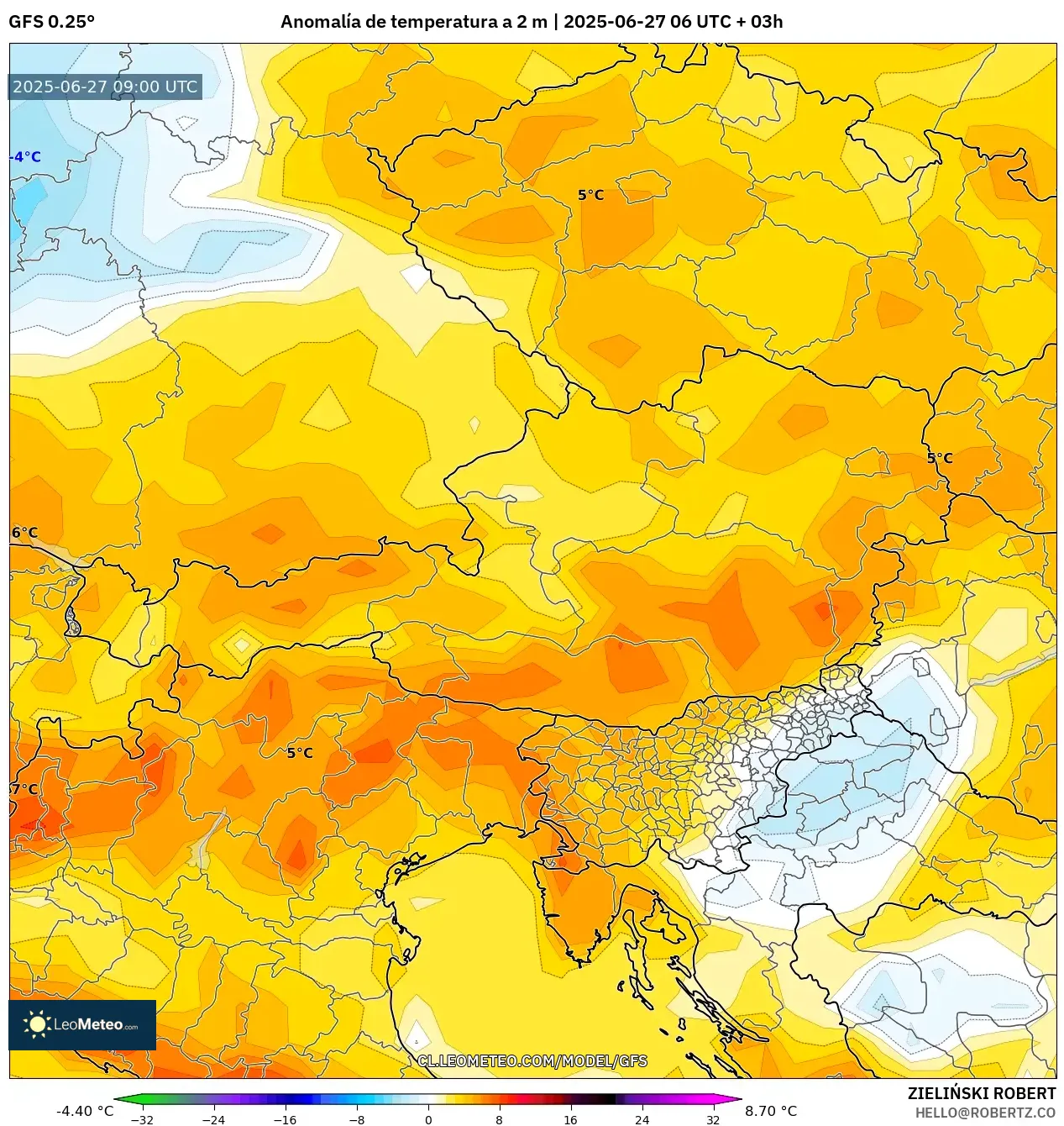 GFS model - Austria, Anomalía de temperatura a 2 m GFS model - Austria, Anomalía de temperatura a 2 m