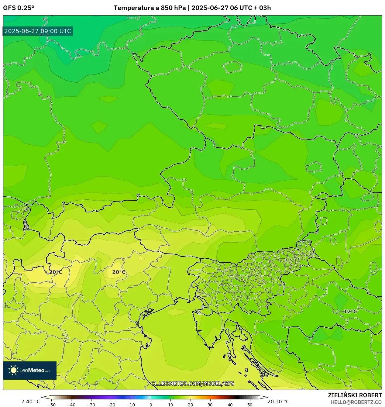 GFS model - Austria, Temperatura a 850 hPa GFS model - Austria, Temperatura a 850 hPa