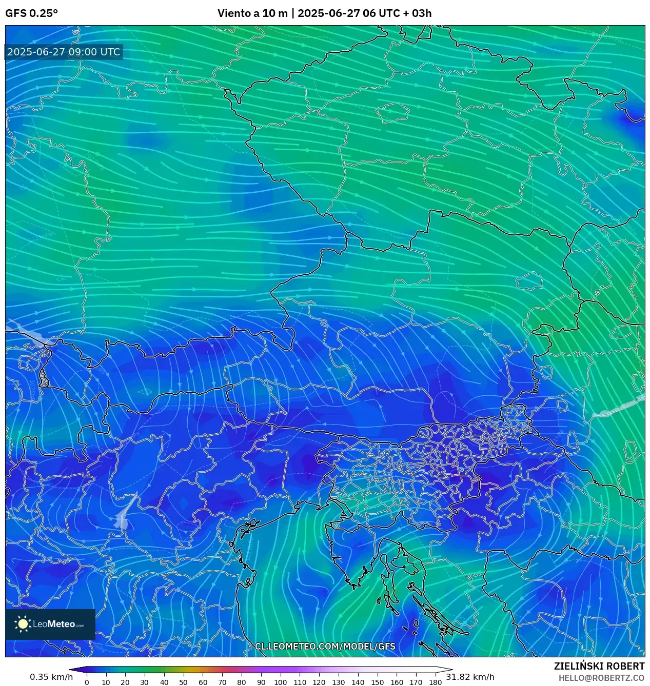 GFS model - Austria, Viento a 10 m GFS model - Austria, Viento a 10 m