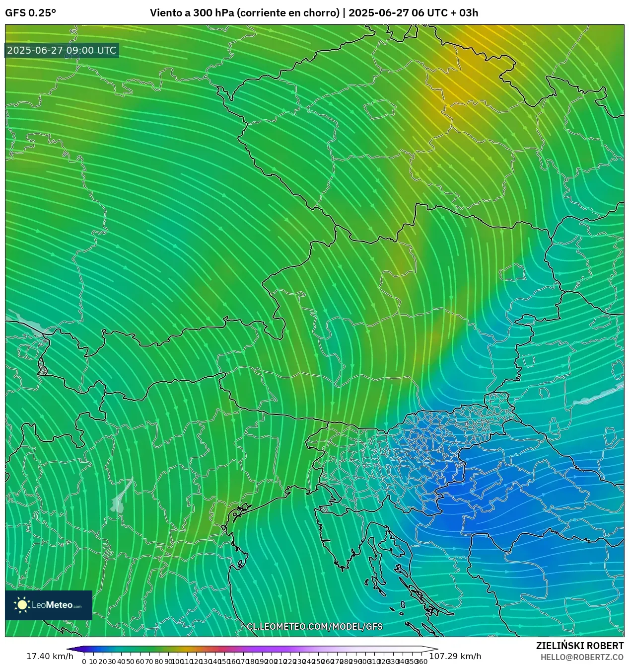 GFS model - Austria, Viento a 300 hPa (corriente en chorro) GFS model - Austria, Viento a 300 hPa (corriente en chorro)