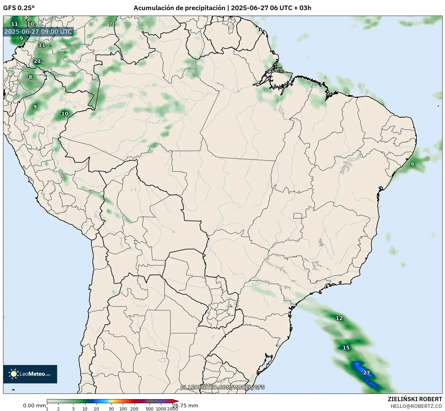 GFS model - Brasil, Acumulación de precipitación GFS model - Brasil, Acumulación de precipitación