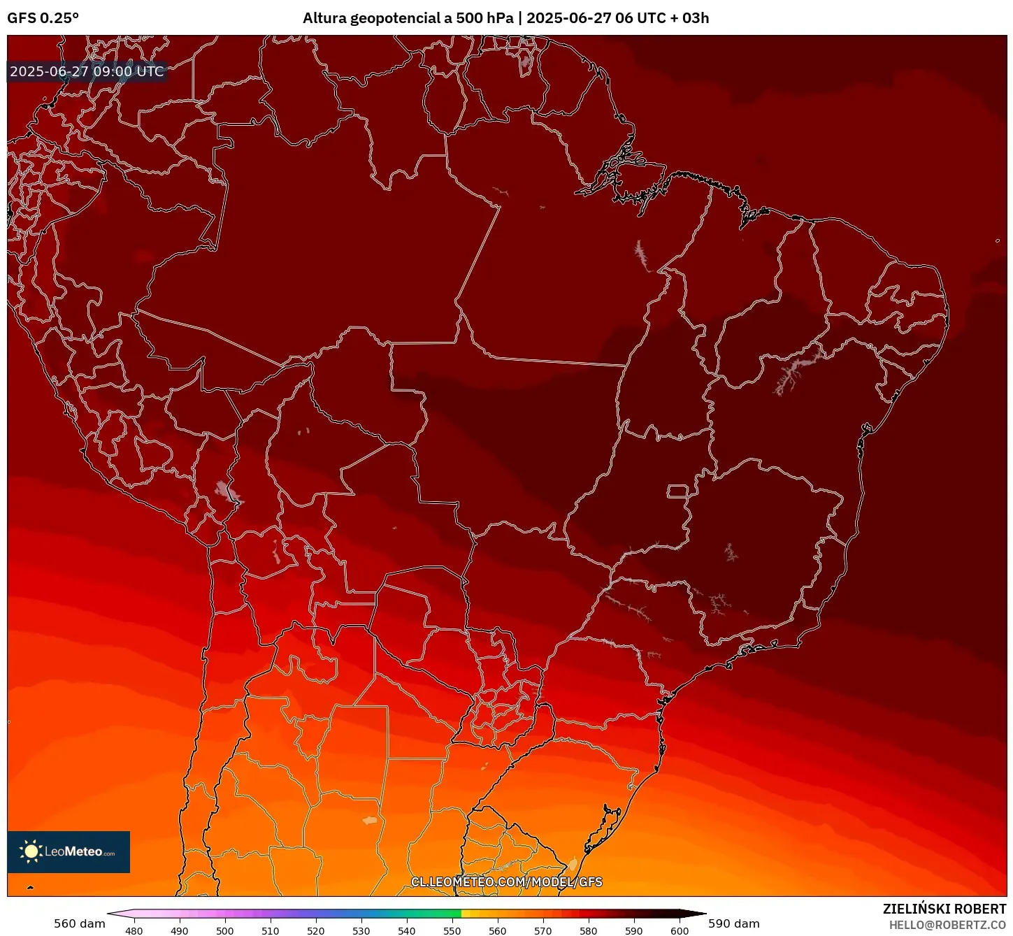 GFS model - Brasil, Altura geopotencial a 500 hPa GFS model - Brasil, Altura geopotencial a 500 hPa