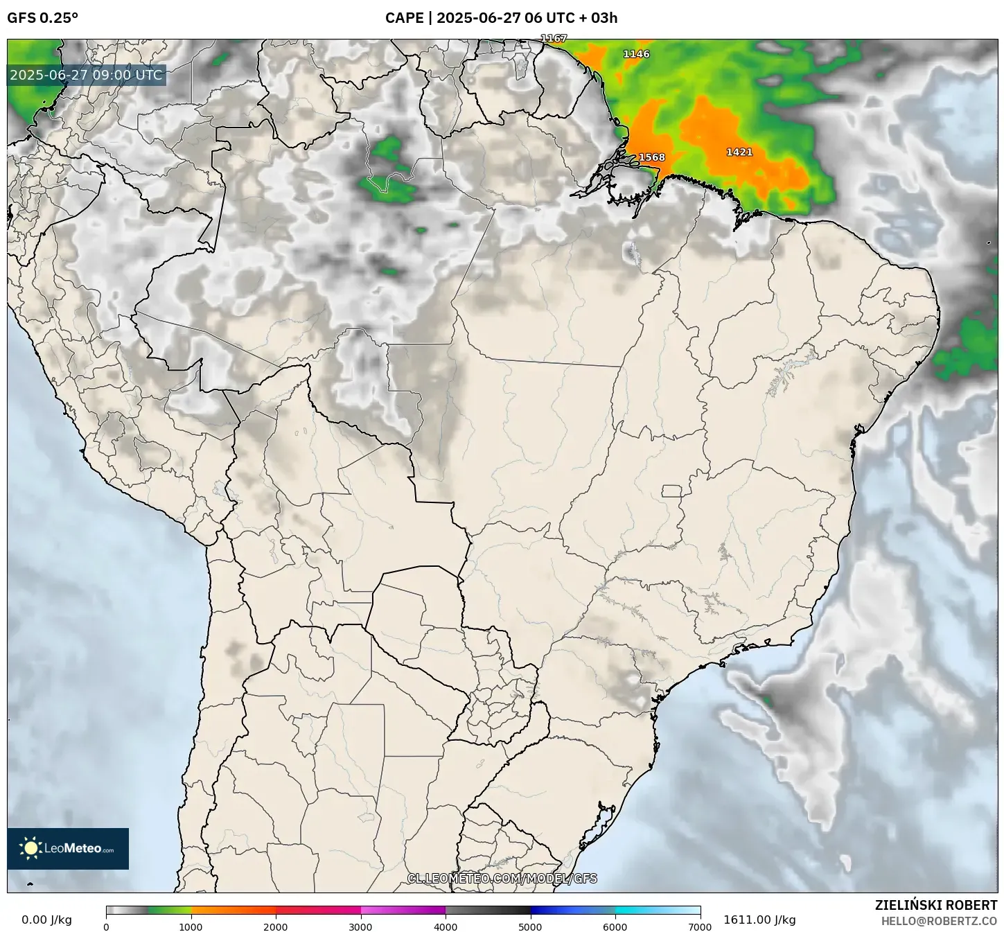 GFS model - Brasil, CAPE GFS model - Brasil, CAPE