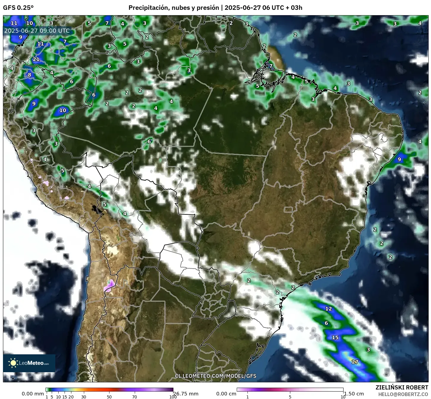GFS model - Brasil, Precipitación, nubes y presión GFS model - Brasil, Precipitación, nubes y presión