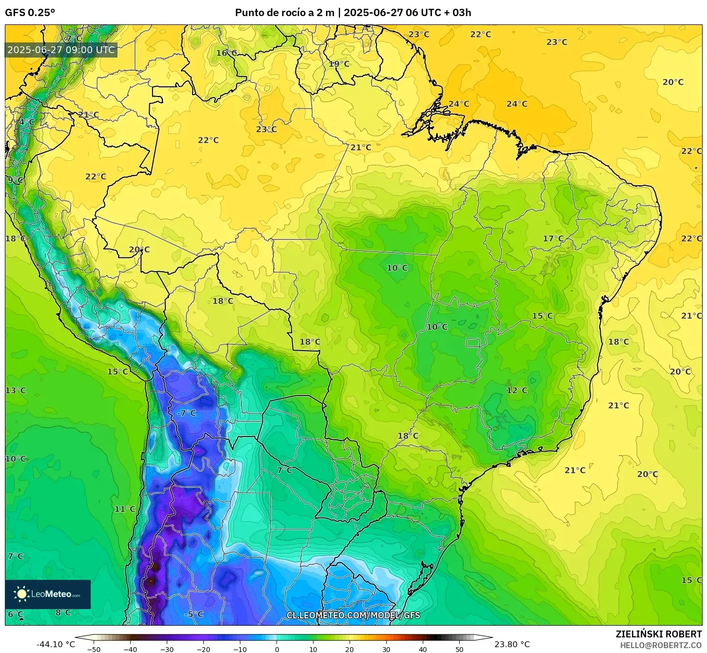 GFS model - Brasil, Punto de rocío a 2 m GFS model - Brasil, Punto de rocío a 2 m