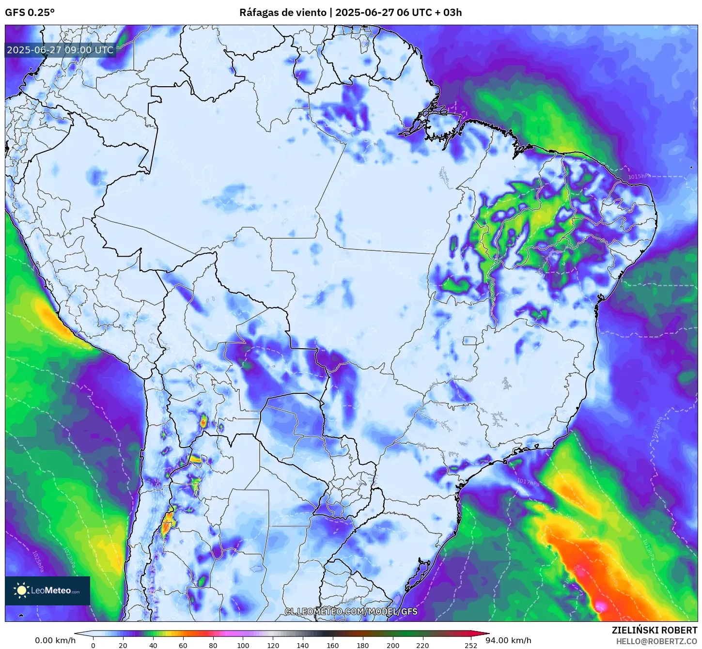 GFS model - Brasil, Ráfagas de viento