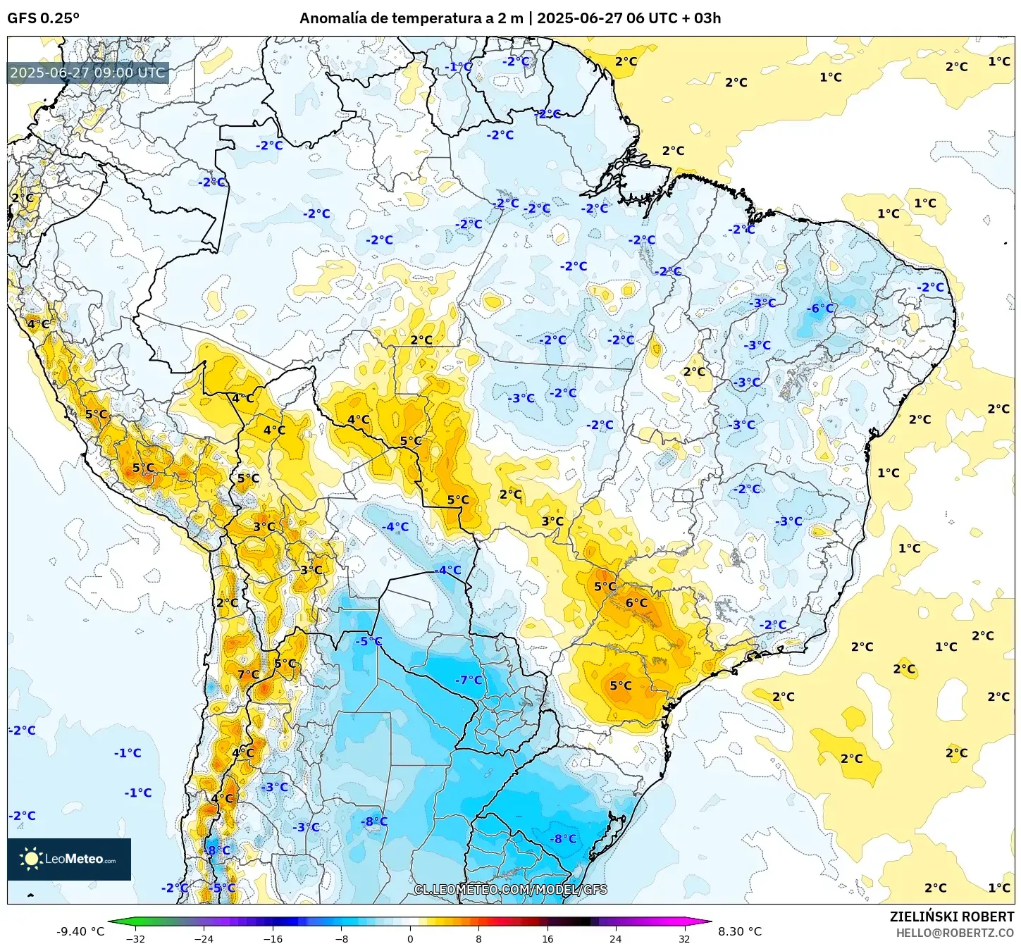 GFS model - Brasil, Anomalía de temperatura a 2 m GFS model - Brasil, Anomalía de temperatura a 2 m