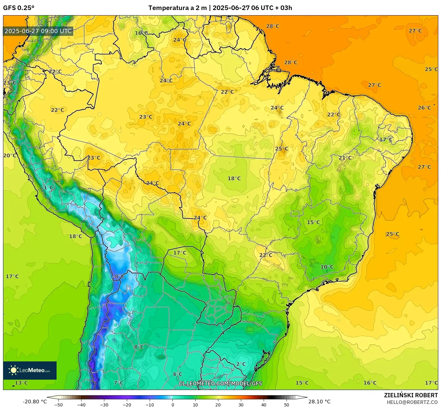 GFS model - Brasil, Temperatura a 2 m GFS model - Brasil, Temperatura a 2 m
