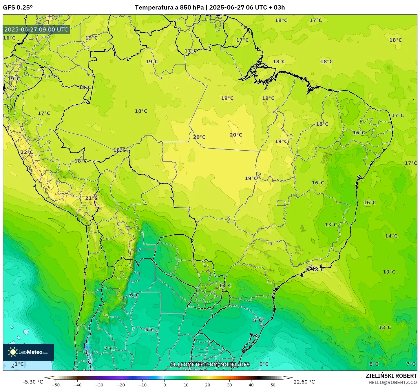 GFS model - Brasil, Temperatura a 850 hPa GFS model - Brasil, Temperatura a 850 hPa