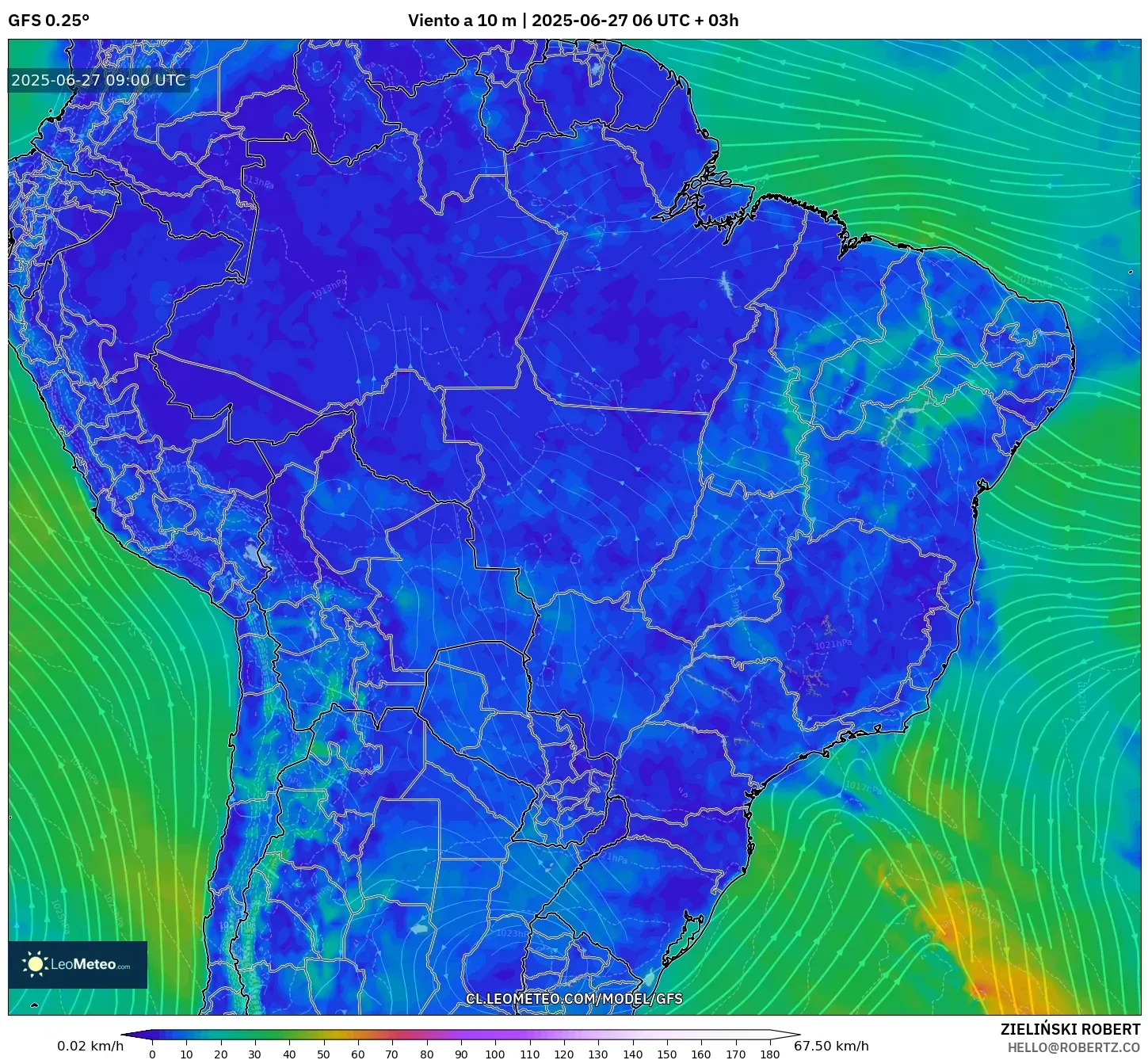 GFS model - Brasil, Viento a 10 m GFS model - Brasil, Viento a 10 m