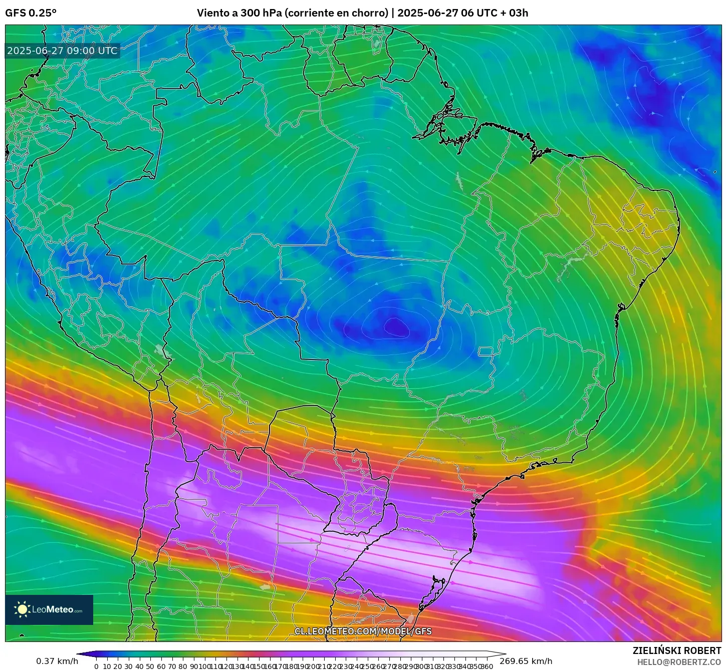 GFS model - Brasil, Viento a 300 hPa (corriente en chorro) GFS model - Brasil, Viento a 300 hPa (corriente en chorro)