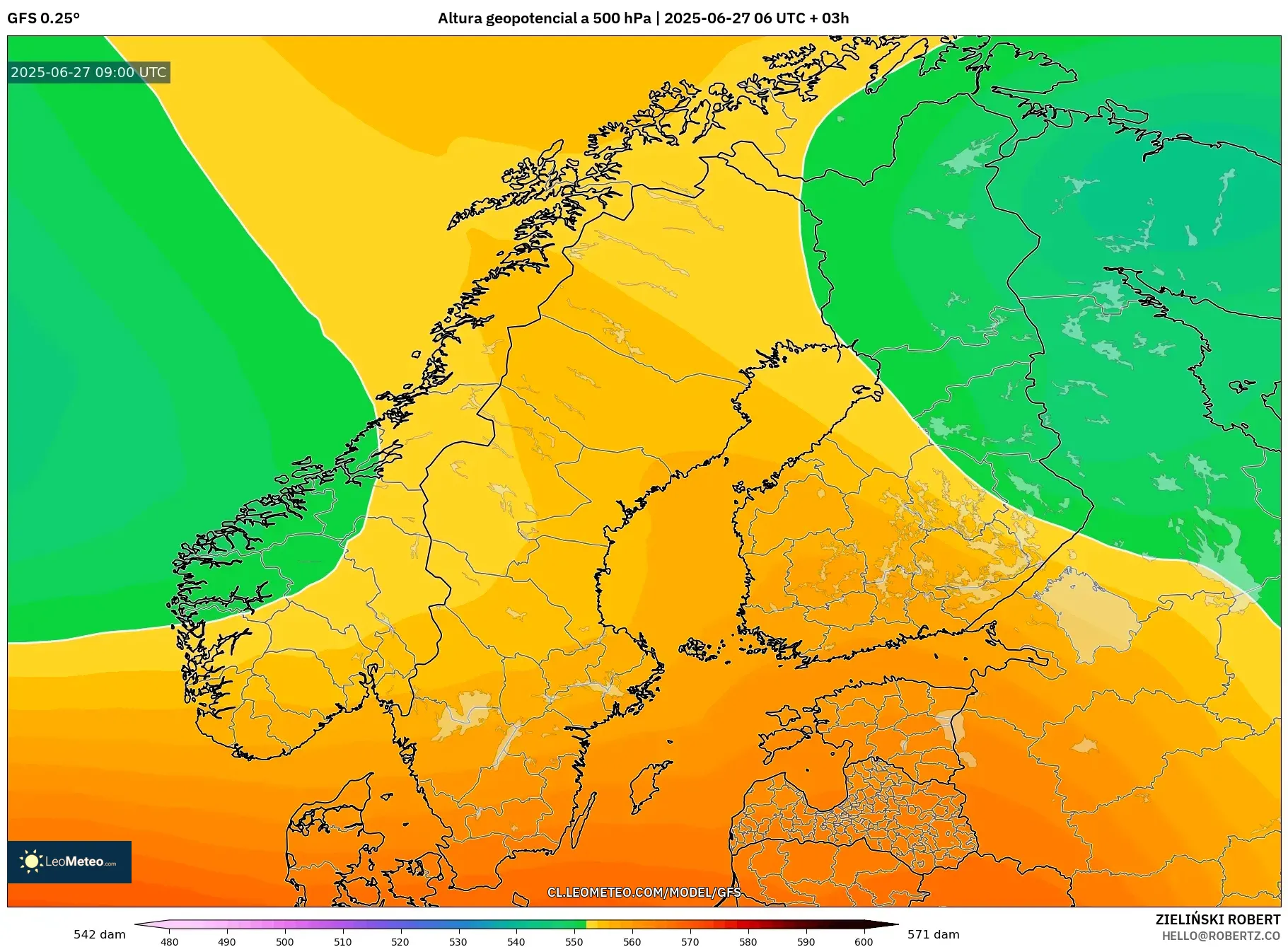 GFS model - Escandinavia, Altura geopotencial a 500 hPa GFS model - Escandinavia, Altura geopotencial a 500 hPa