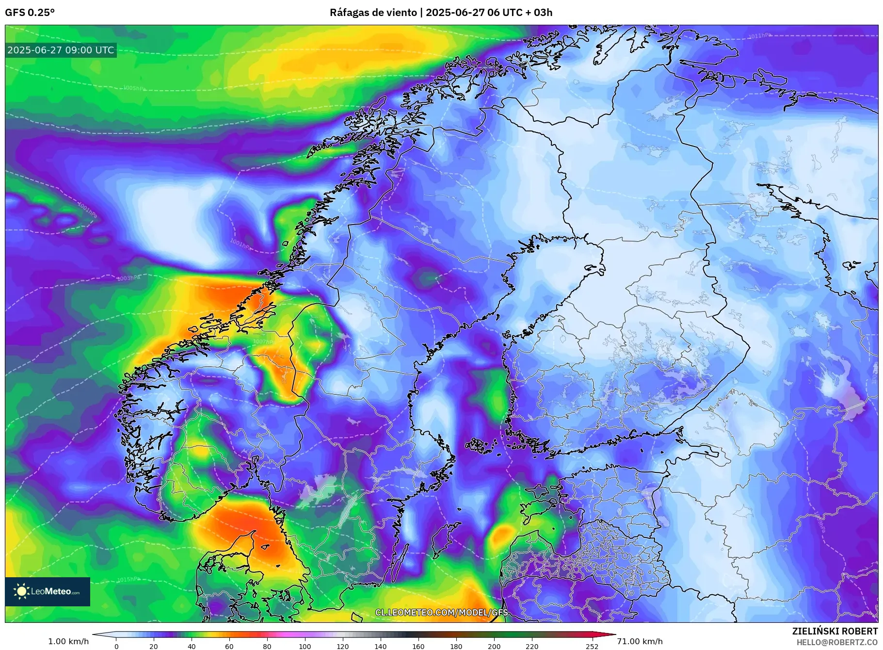 GFS model - Escandinavia, Ráfagas de viento GFS model - Escandinavia, Ráfagas de viento