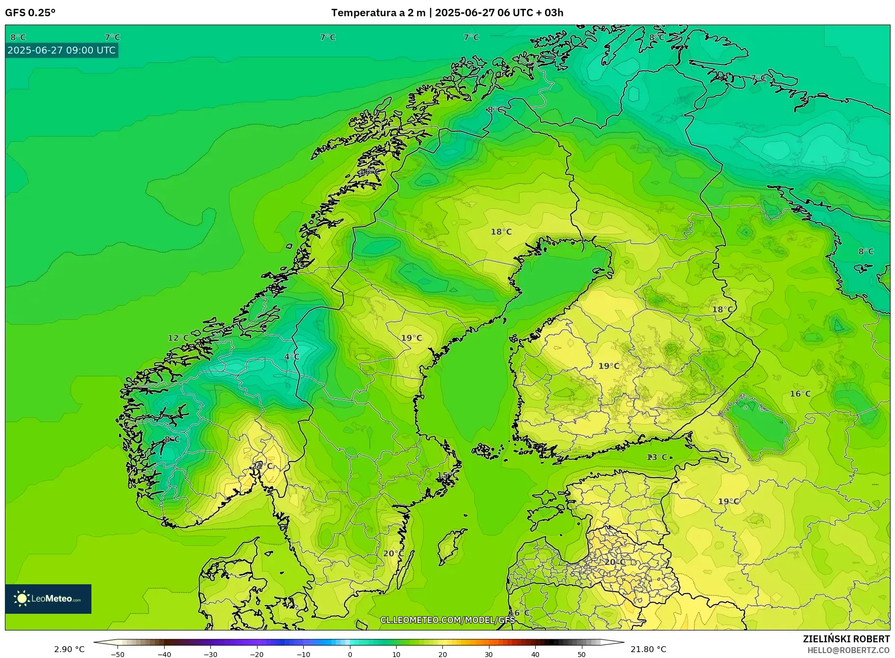 GFS model - Escandinavia, Temperatura a 2 m