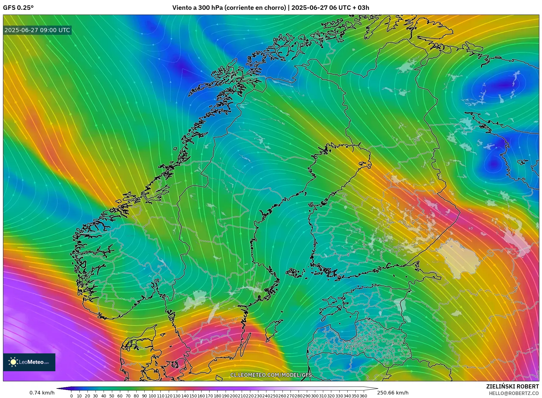 GFS model - Escandinavia, Viento a 300 hPa (corriente en chorro) GFS model - Escandinavia, Viento a 300 hPa (corriente en chorro)