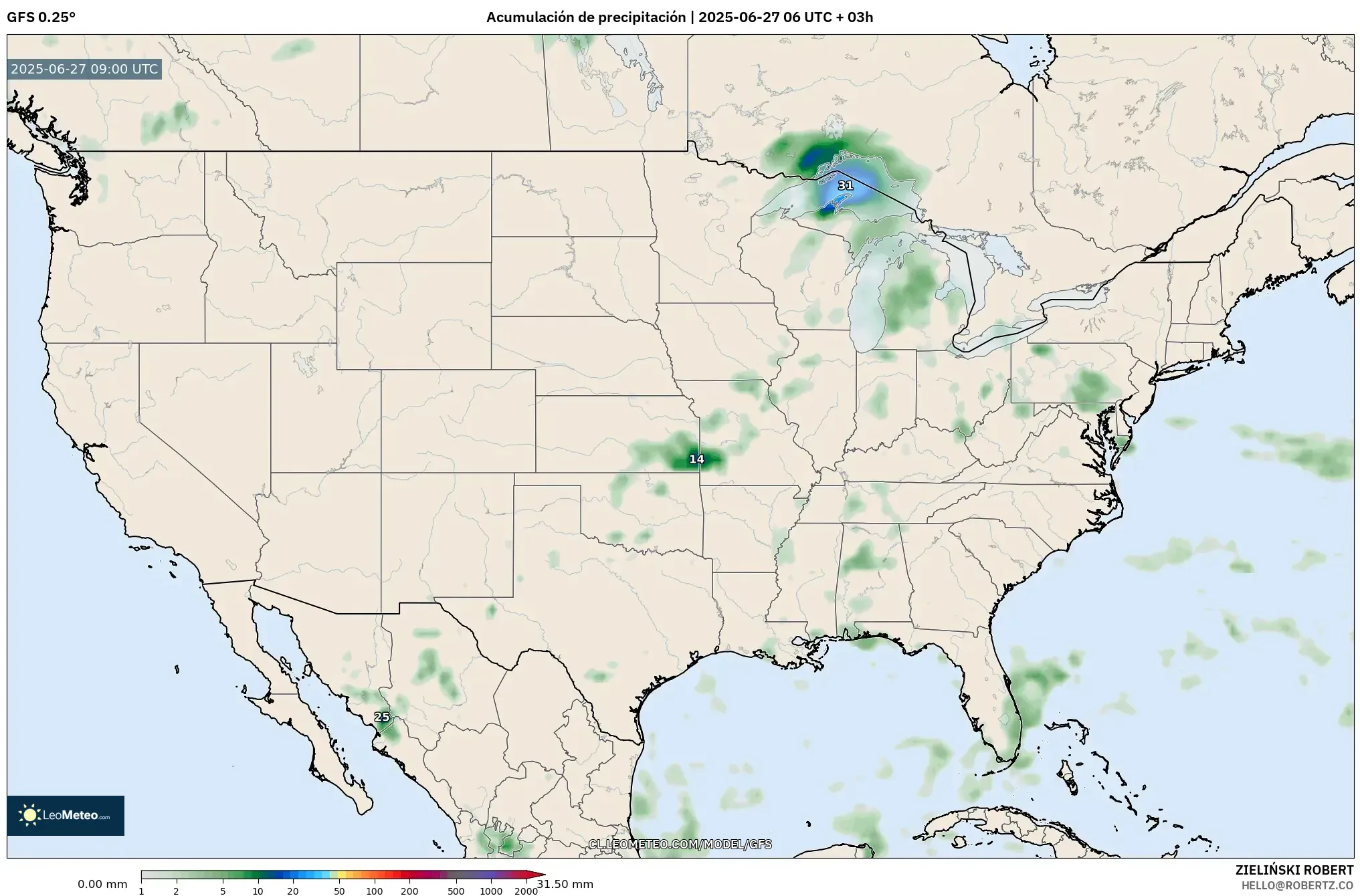 GFS model - Estados Unidos, Acumulación de precipitación GFS model - Estados Unidos, Acumulación de precipitación